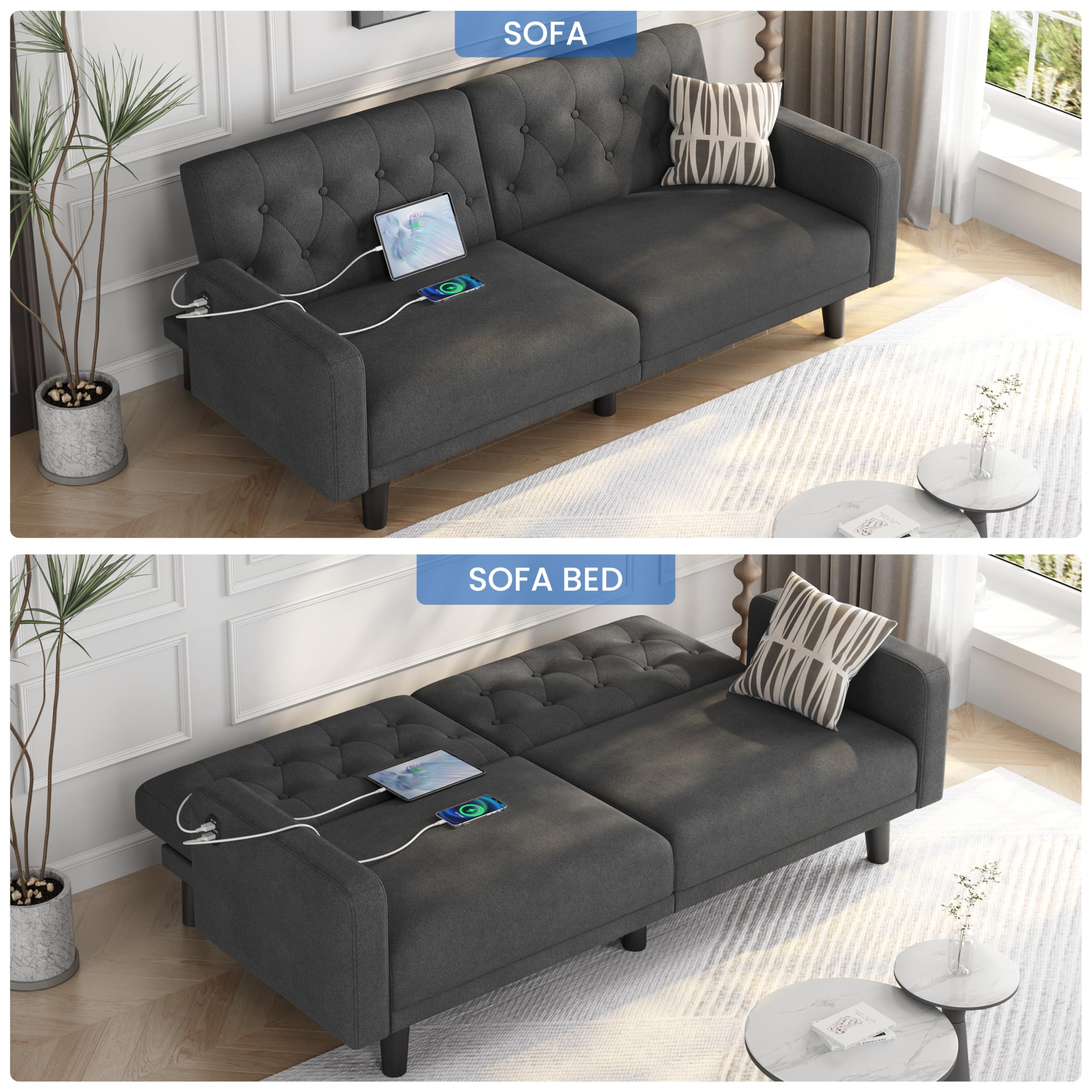 63" Convertible Futon Sofa Bed with USB Ports