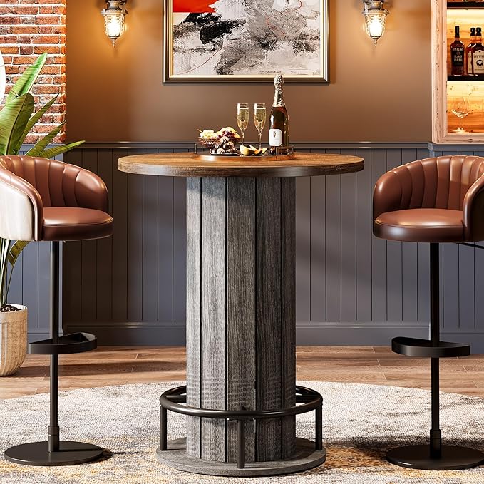Round Farmhouse Bar Table with Footrest