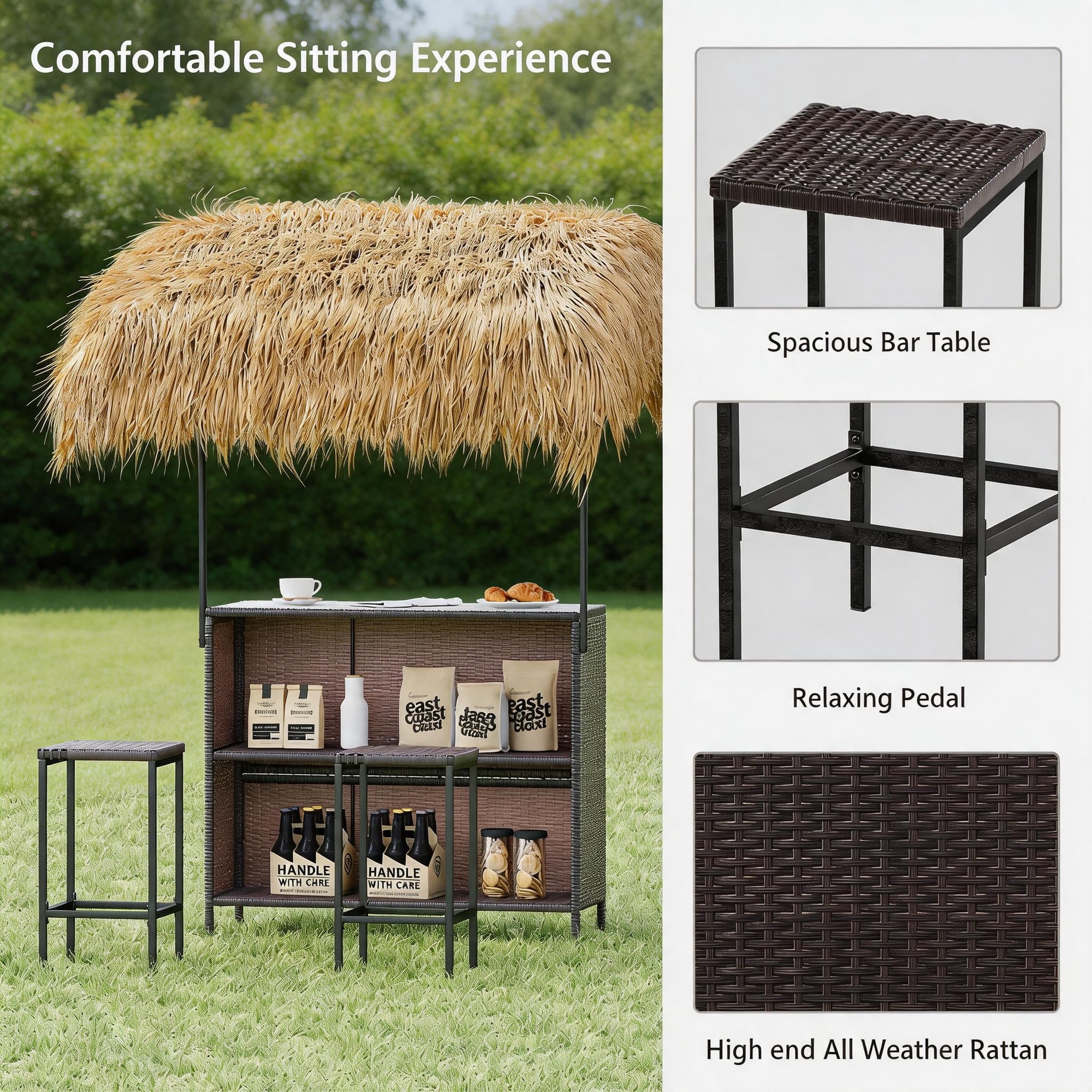 LYNSLIM Outdoor Tiki Bar Set, Phuket Outdoor Patio Wicker Islander, 43" W Tempered Glass Top, Outside Patio Bar with Adjustable Double-Layer Soft-Top Sunshade & Grill Gazebo Shelter