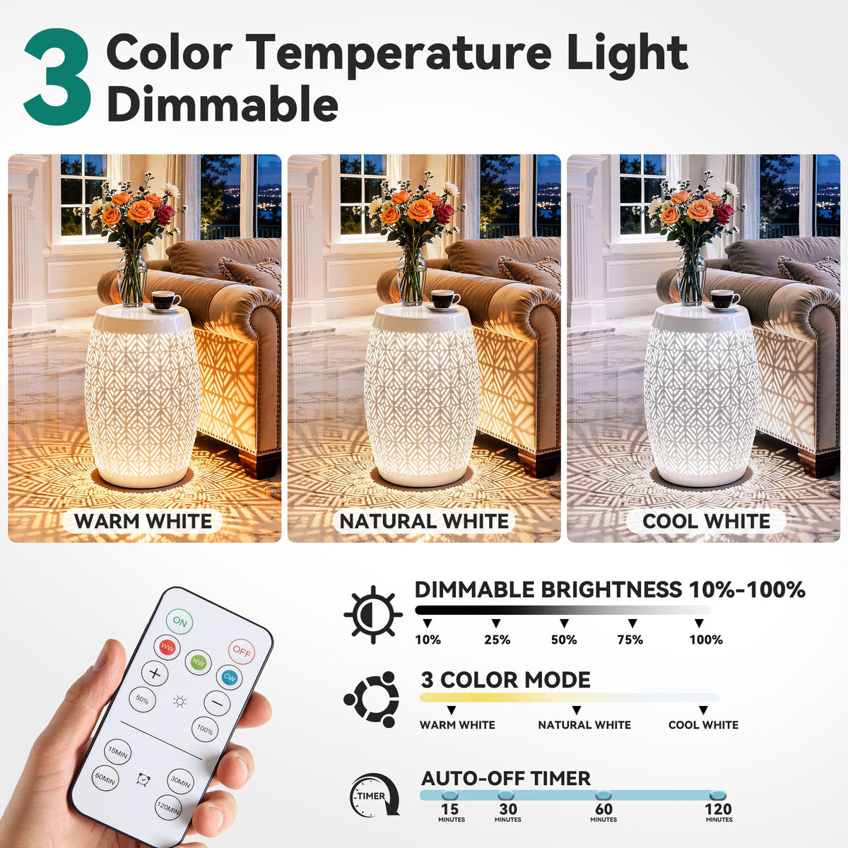 Ultym 18" Metal LED Side Table Outdoor, 3-Mode Lights, Modern Drum Design