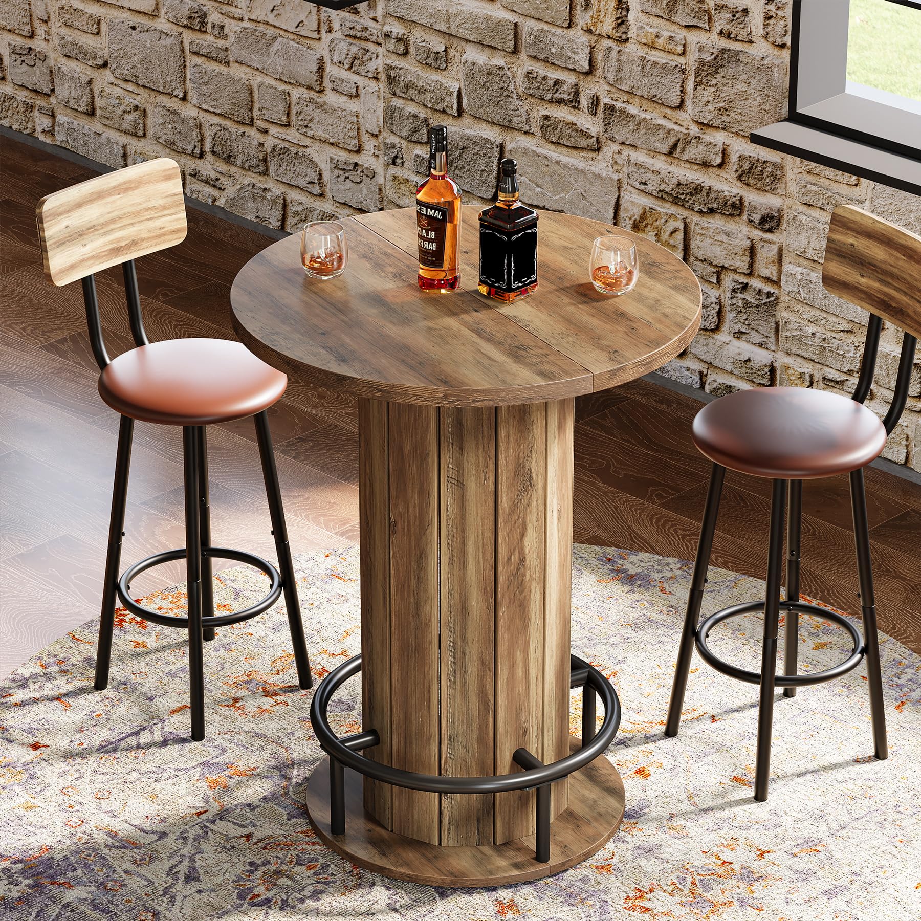 Round Farmhouse Bar Table with Footrest