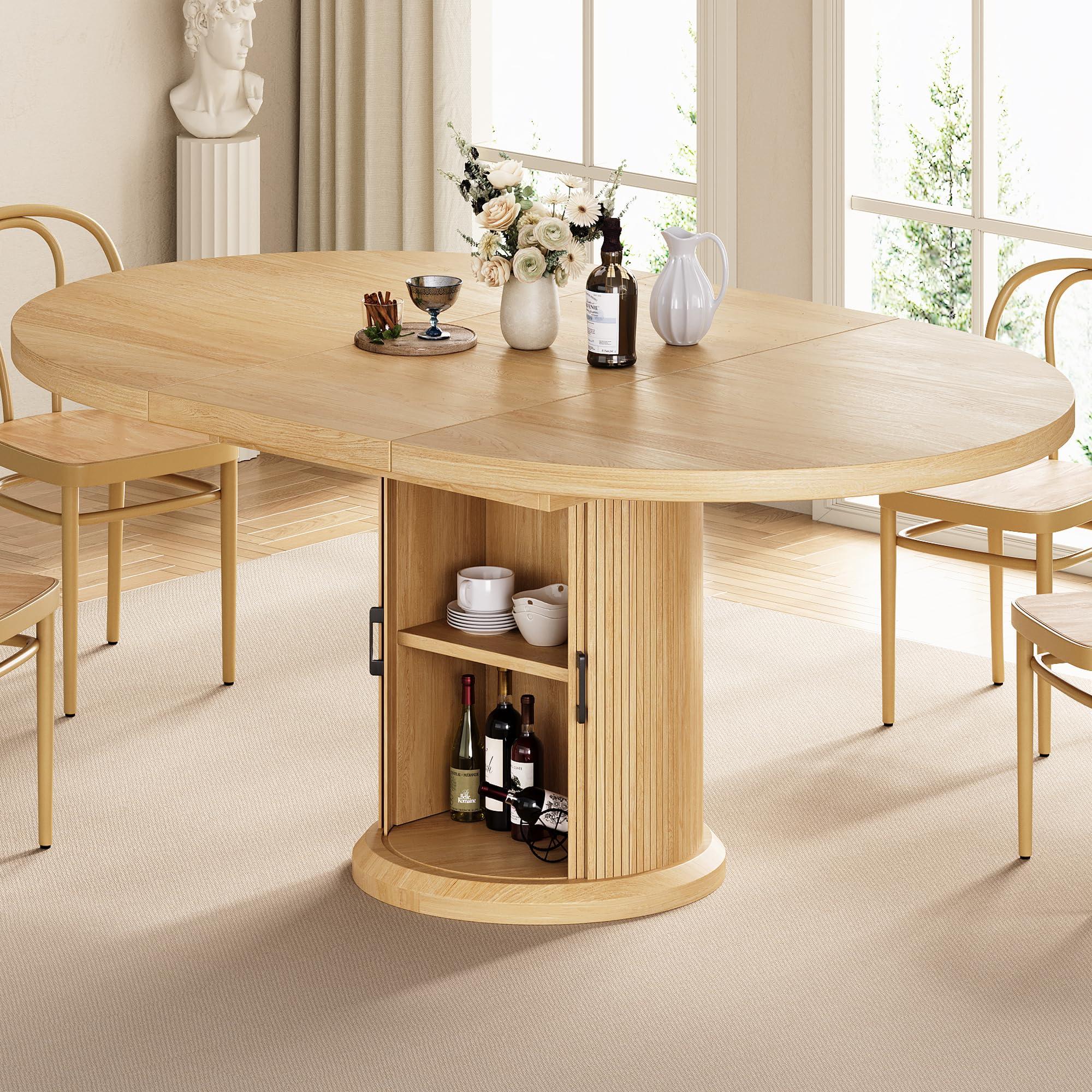 Extendable Round Dining Table 47"-63" with 2-Tier Storage Shelf
