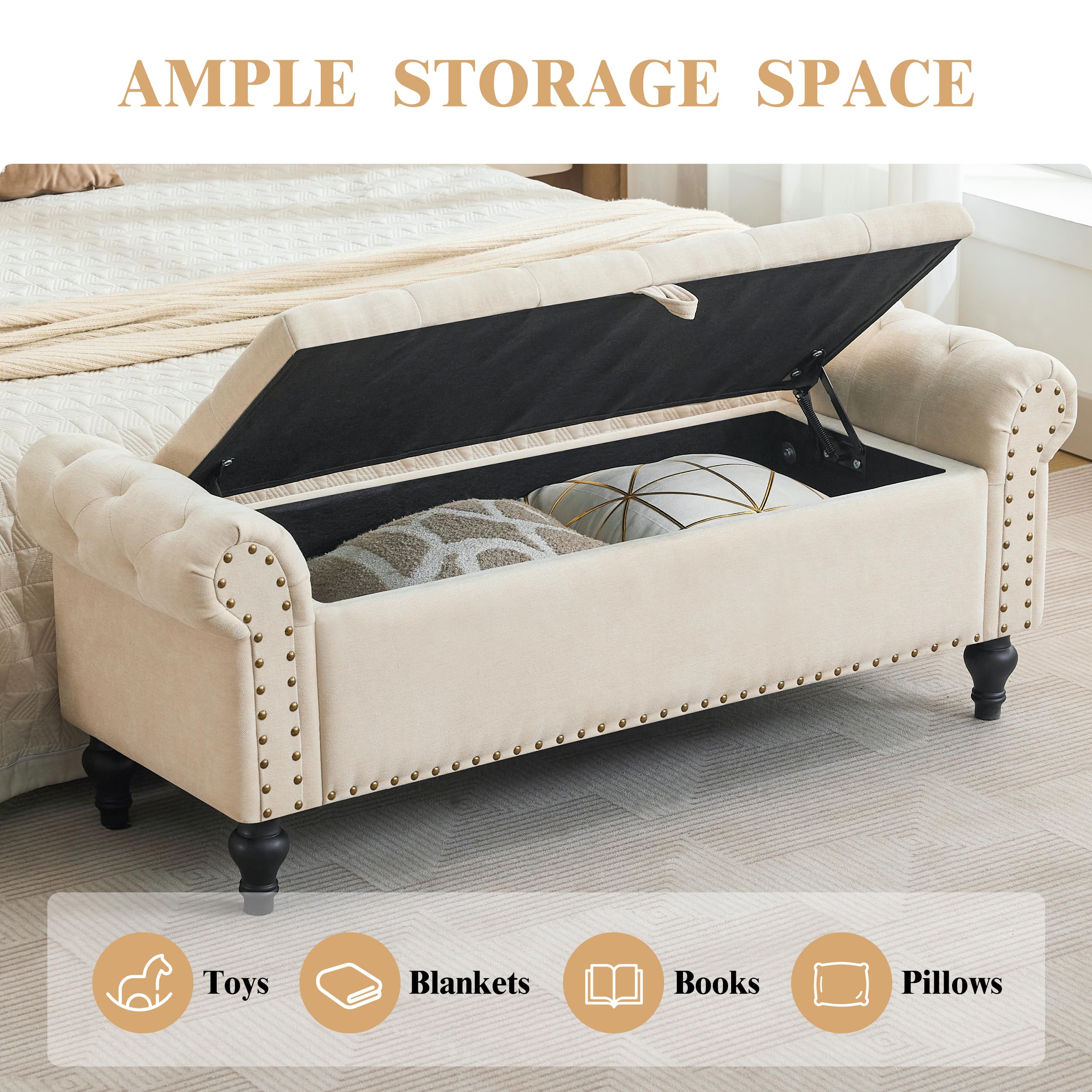 Dowiean 51" Storage Ottoman Bench, End of Bed Bench for Bedroom, Storage Ottomans for Foot of Bed, Chenille Upholstered Benches, Window Benches for Living Room, Entryway, Beige