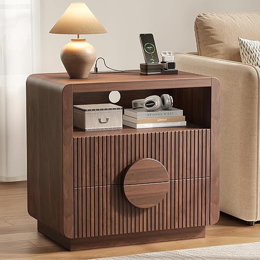Fluted Nightstand with Charging Station & Storage