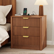 PLRSOZIM 23.6" Walnut Fluted Nightstand with Charging Station and 3 Drawers