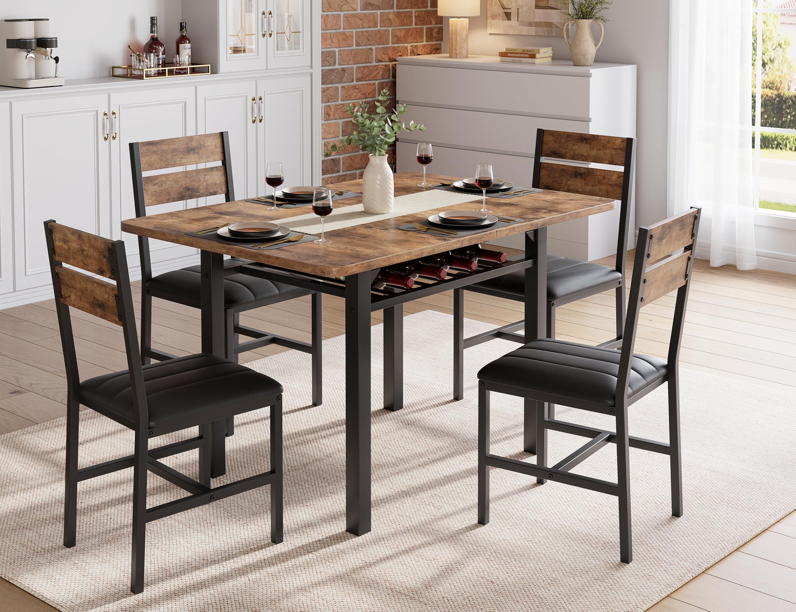 MapleGrace Dining Table Set for 4, Extendable Kitchen Table with 4 PU Leather Upholstered Dining Room Chairs, Wood Kitchen Table Set with Built-in Storage Rack for Dining & Small Spaces, Rustic Brown