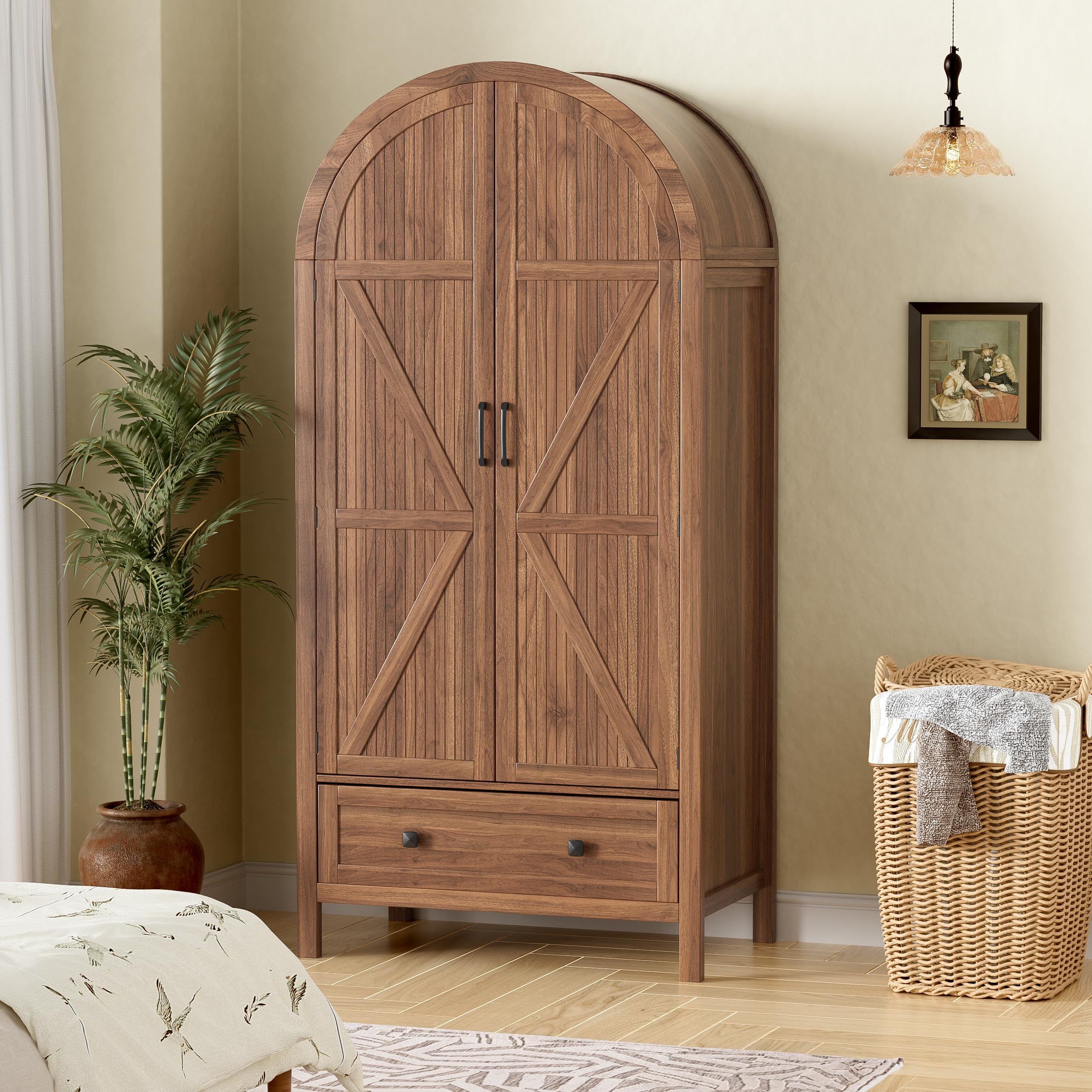 PAKASEPT Armoire Wardrobe Closet with Drawers and 2 Arched Fluted Doors, 70.9‘’ Tall Wooden Bedroom Armoires with LED Light & Shelves and Hanging Rod(Brown)