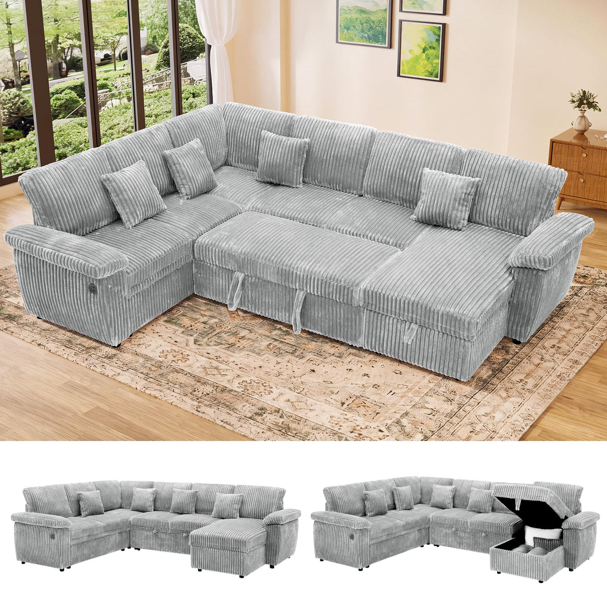 Poblink Modular Sectional Sleeper Sofa with Pull Out Bed, 104" U Shaped 7 Seat Cloud Sectional Couches for Living Room, Comfy Corduroy Couch Sofa Bed with Storage Chaise, USB Charging, Light Grey