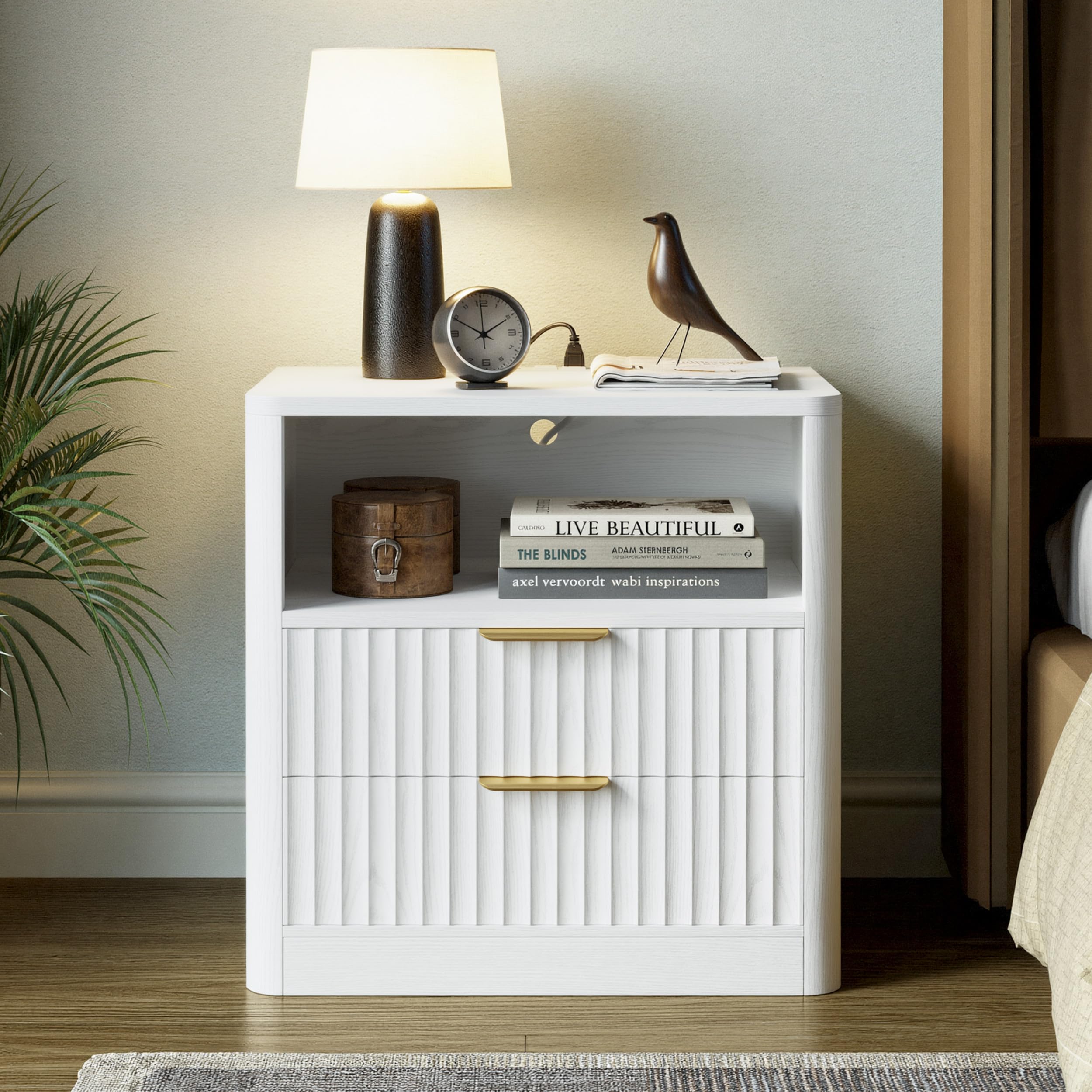 IRONCK Fluted Night Stand Set of 2, Modern Nightstand with Charging Station, Drawers and Open Shelves - Bedside Table Wood Side Table Set for Bedroom, White