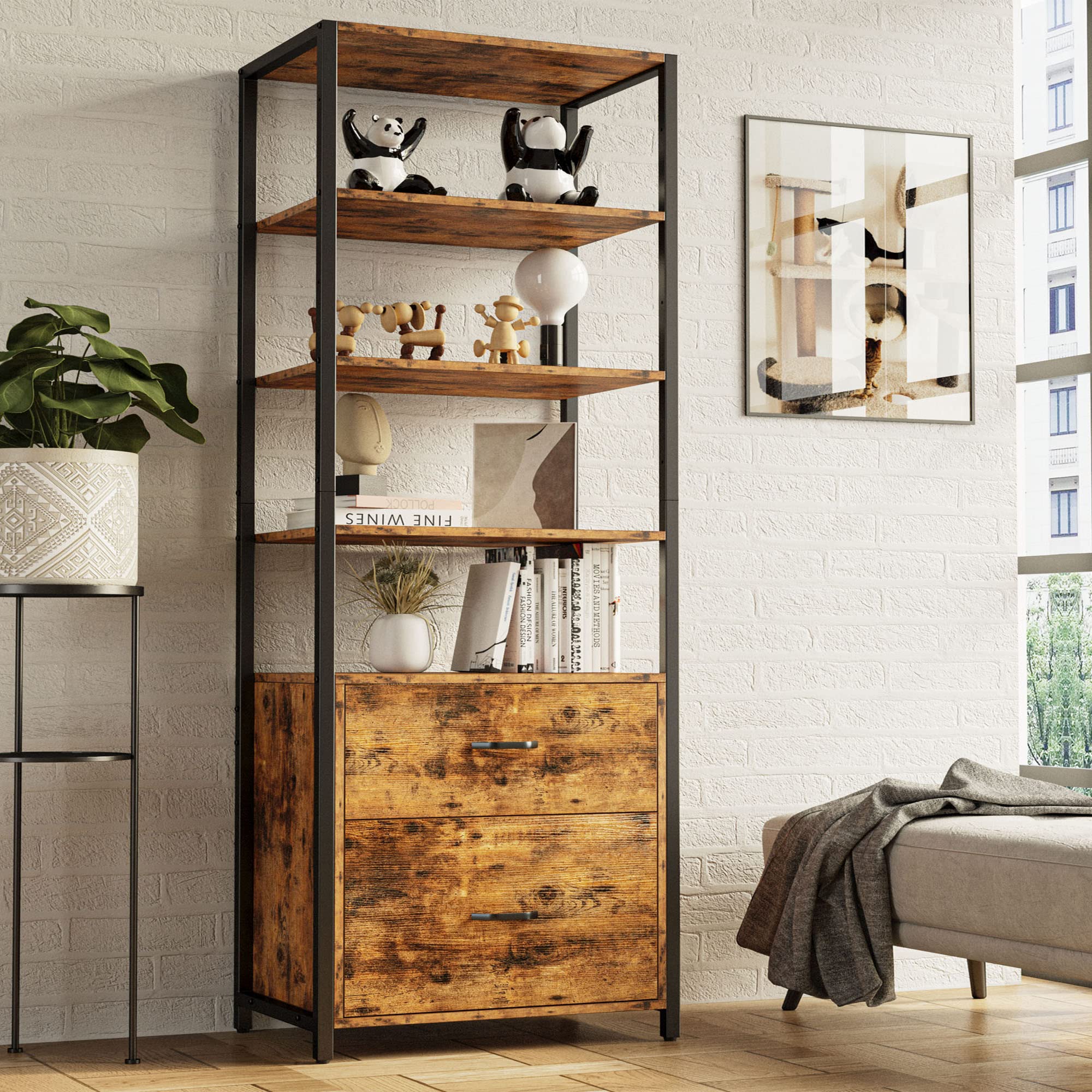 5-Tier Industrial Bookcase with File Cabinet Drawers