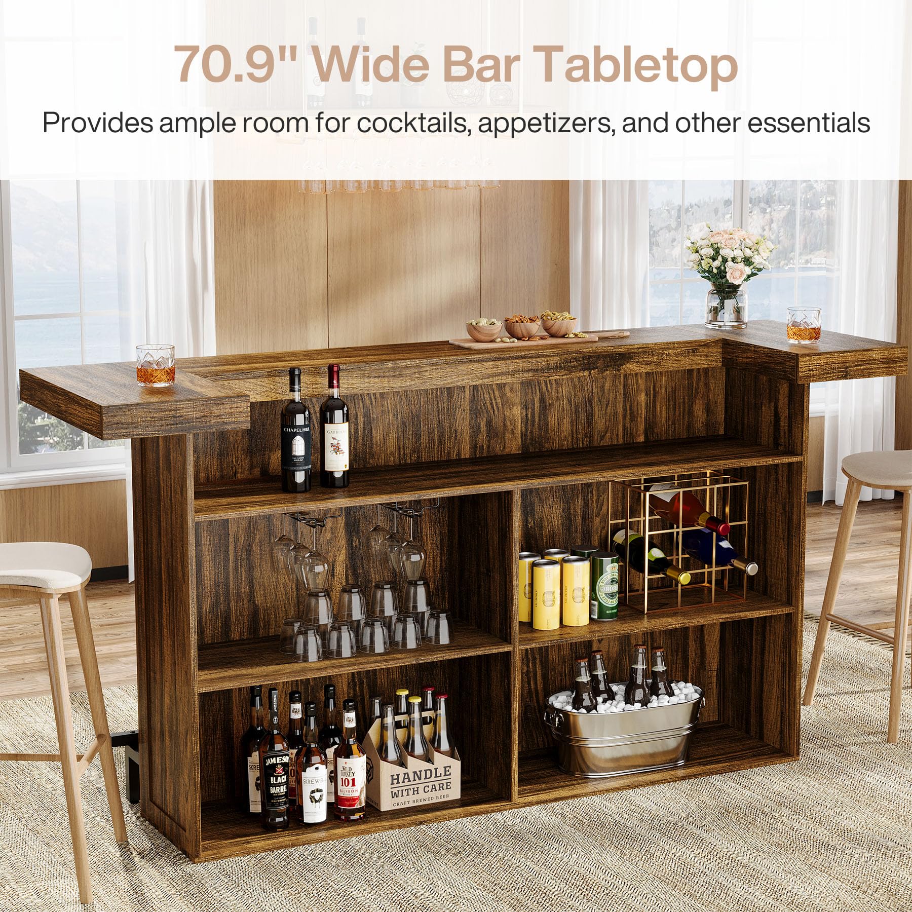 Tribesigns 4-Tier Bar Table, 70.9-Inch Large Wood Home Bar Unit with Wine Glass Holder and Black Footrest, Pub Table with Storage Shelves for Kitchen, Indoor, Brown