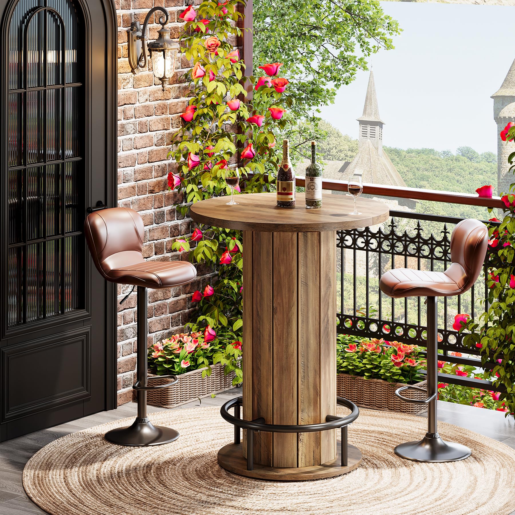 Round Farmhouse Bar Table with Footrest