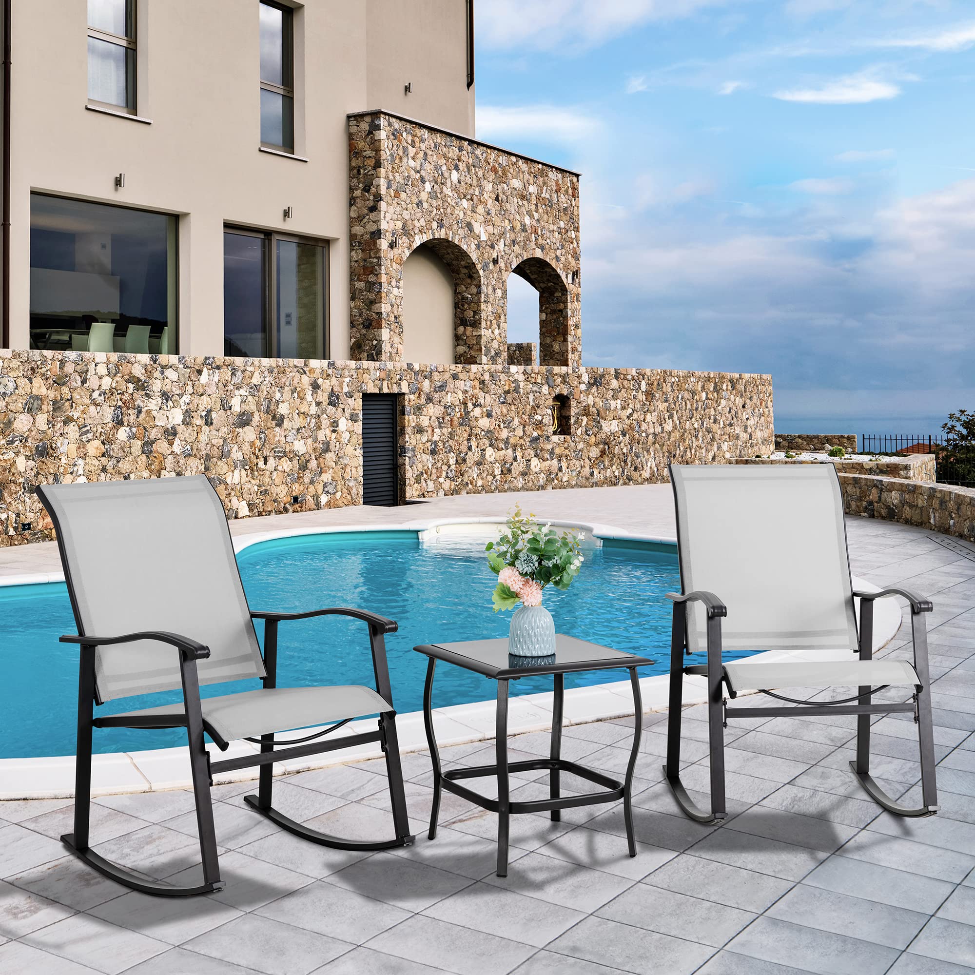 3-Piece Outdoor Rocking Bistro Set with Glass Table