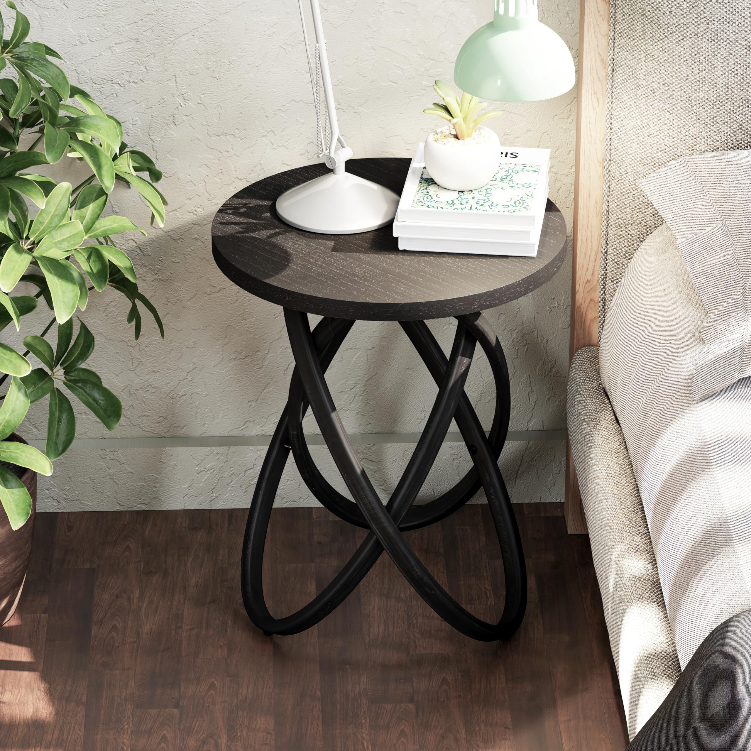 COZAYH Round End Table Farmhouse Wood Side Table Rustic Plant Stand with Intertwined Line Design for Living Room, Office, Black