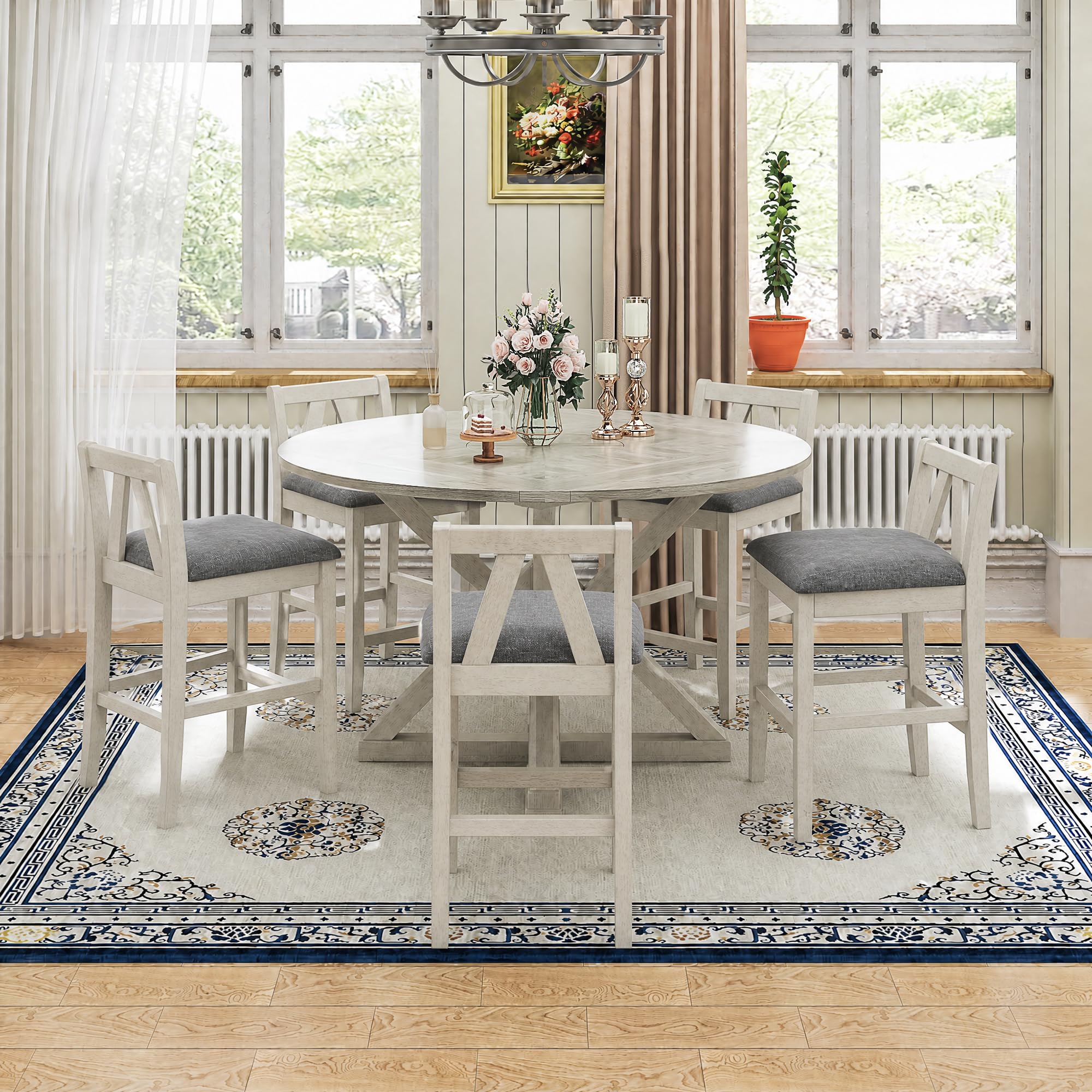 VECELO 7-Piece Solid Wood Foldable Dining Table Set for 6, Farmhouse Round Dining Table with 6 Upholstered Dining Chairs for Dining Room, Kitchen, Washed Gray