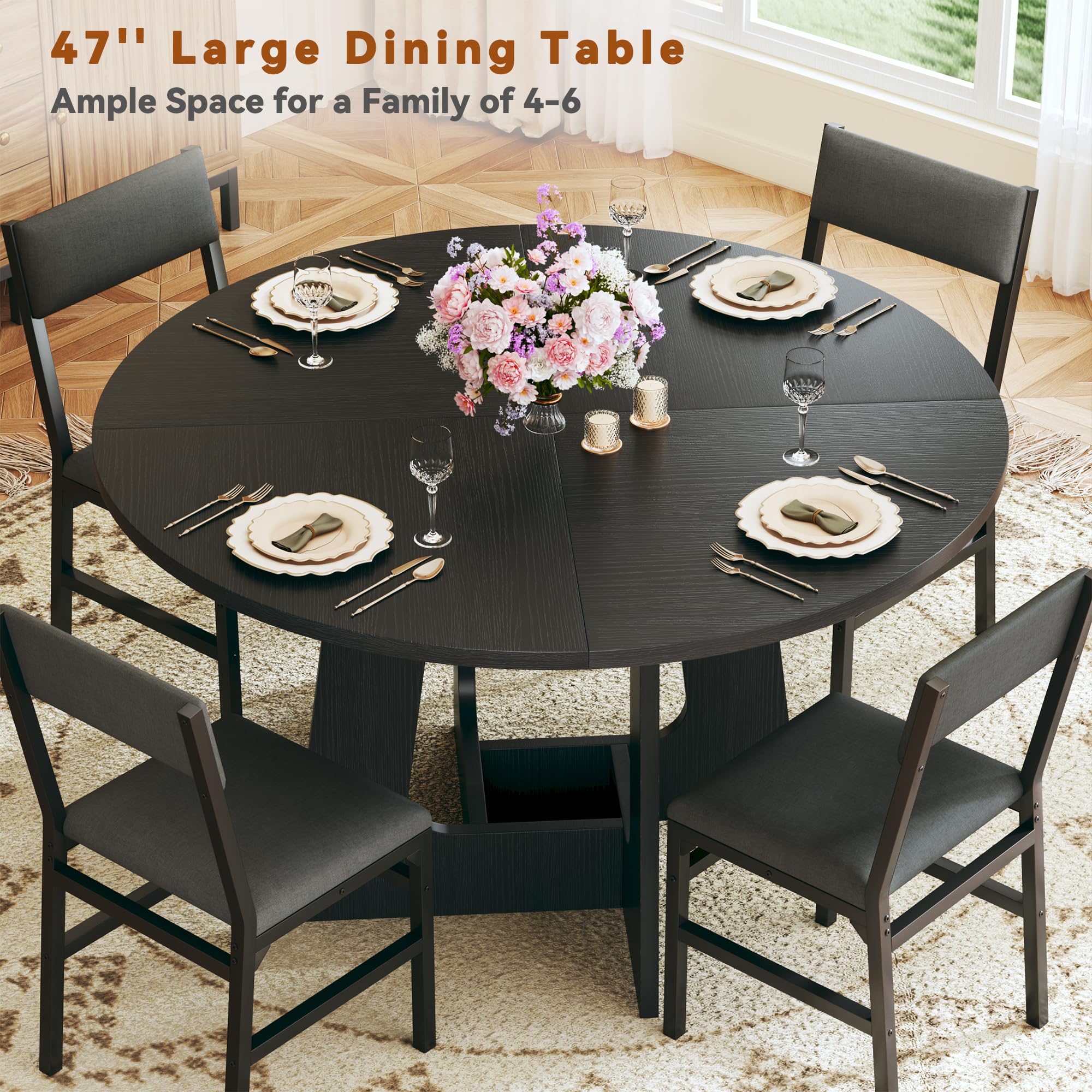HUAHUU Round Dining Table Set for 4, 5-Piece Kitchen Table and Chairs for 4, 47'' Round Dining Room Table Set with 4 Chairs, Space Saving Dining Table with Wood Base for Kitchen, Living Room, Black