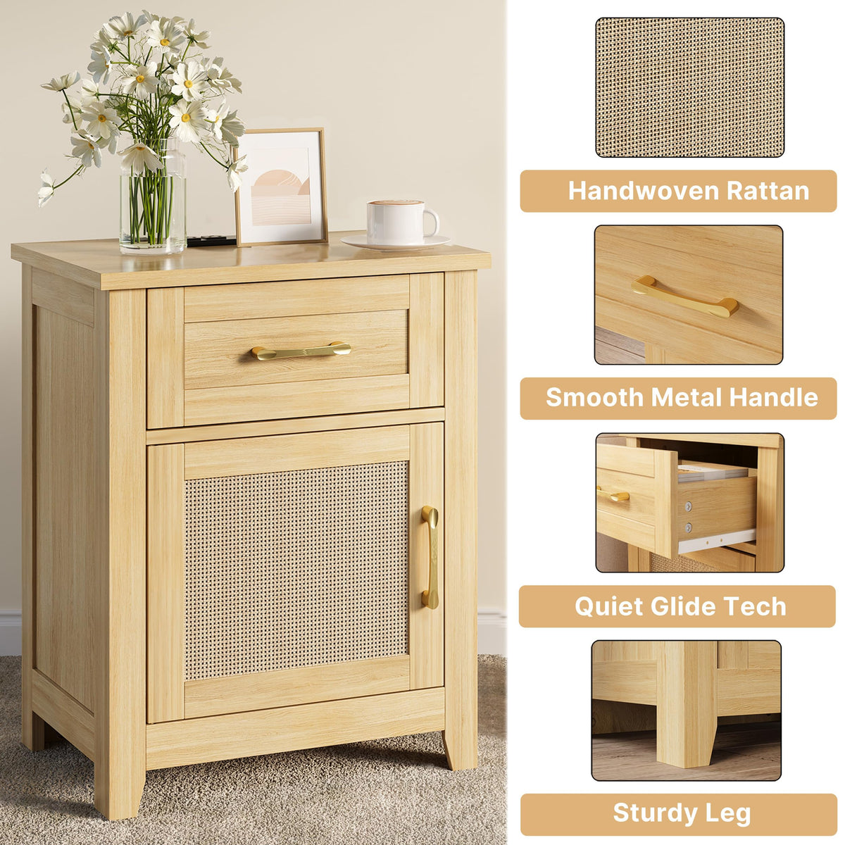Rattan Nightstand with Charging Station