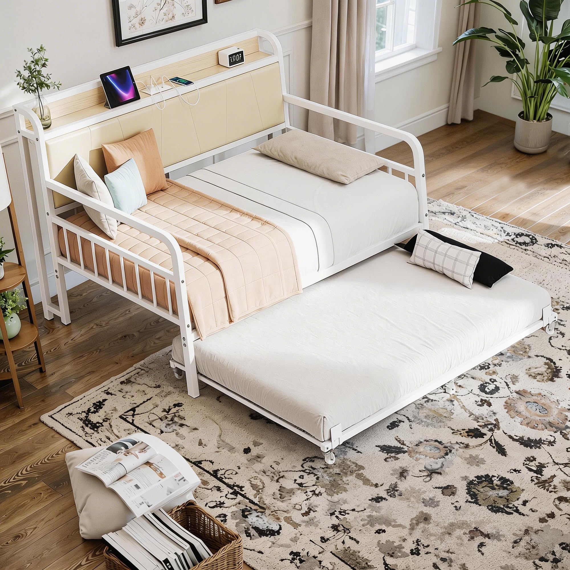 Twin Daybed with Trundle & Storage Headboard