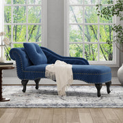 Christopher Knight Home Molan Velvet Upholstered Chaise Lounge Chair Indoor, Wooden Chaise Lounge Sofa with Scrolled Backrest, Living Room Lounge Chair with Left Armrest+Accent Pillow, Navy Blue