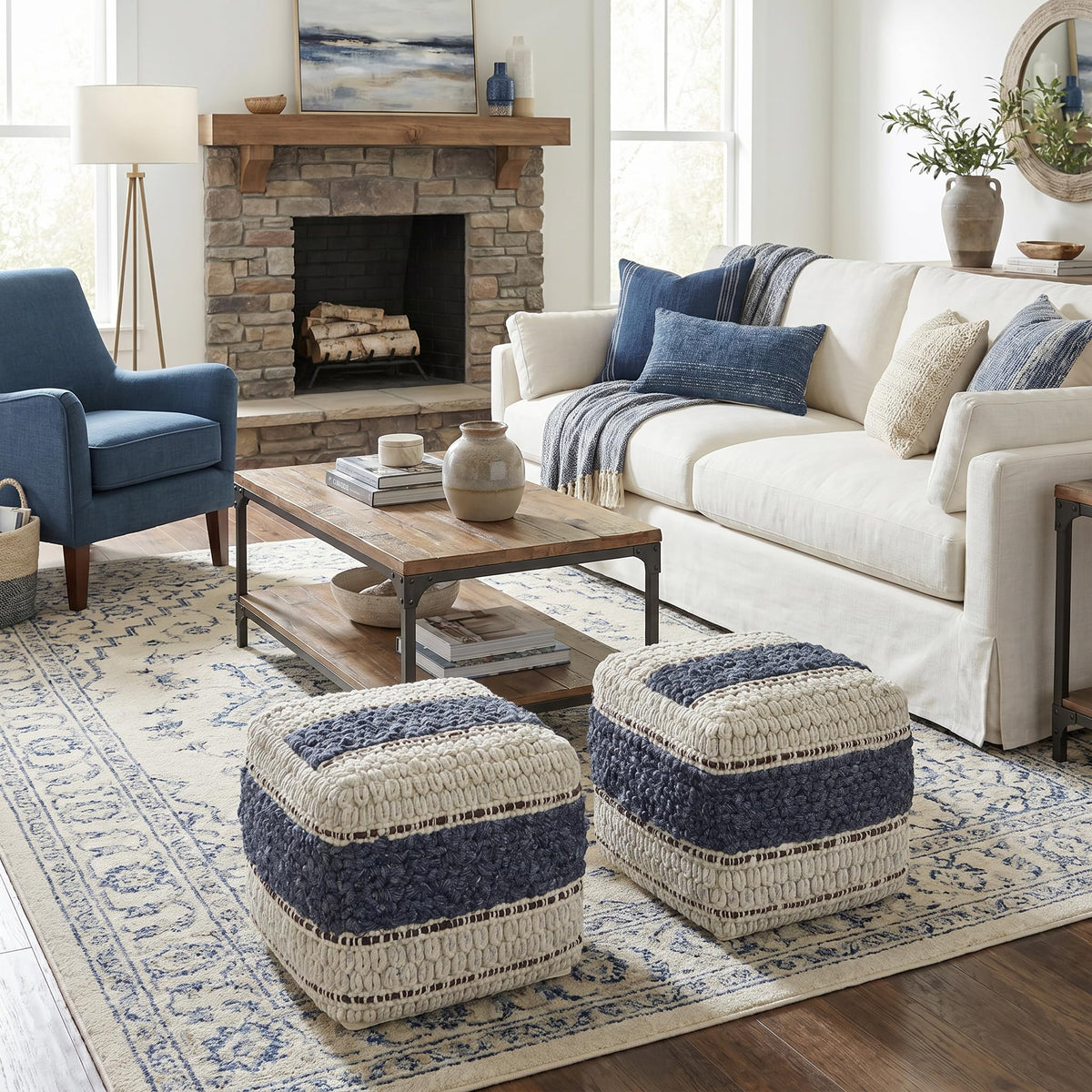SIMPLIHOME Grady 18" Wide Square Pouf in Blue/Natural Wool and Cotton