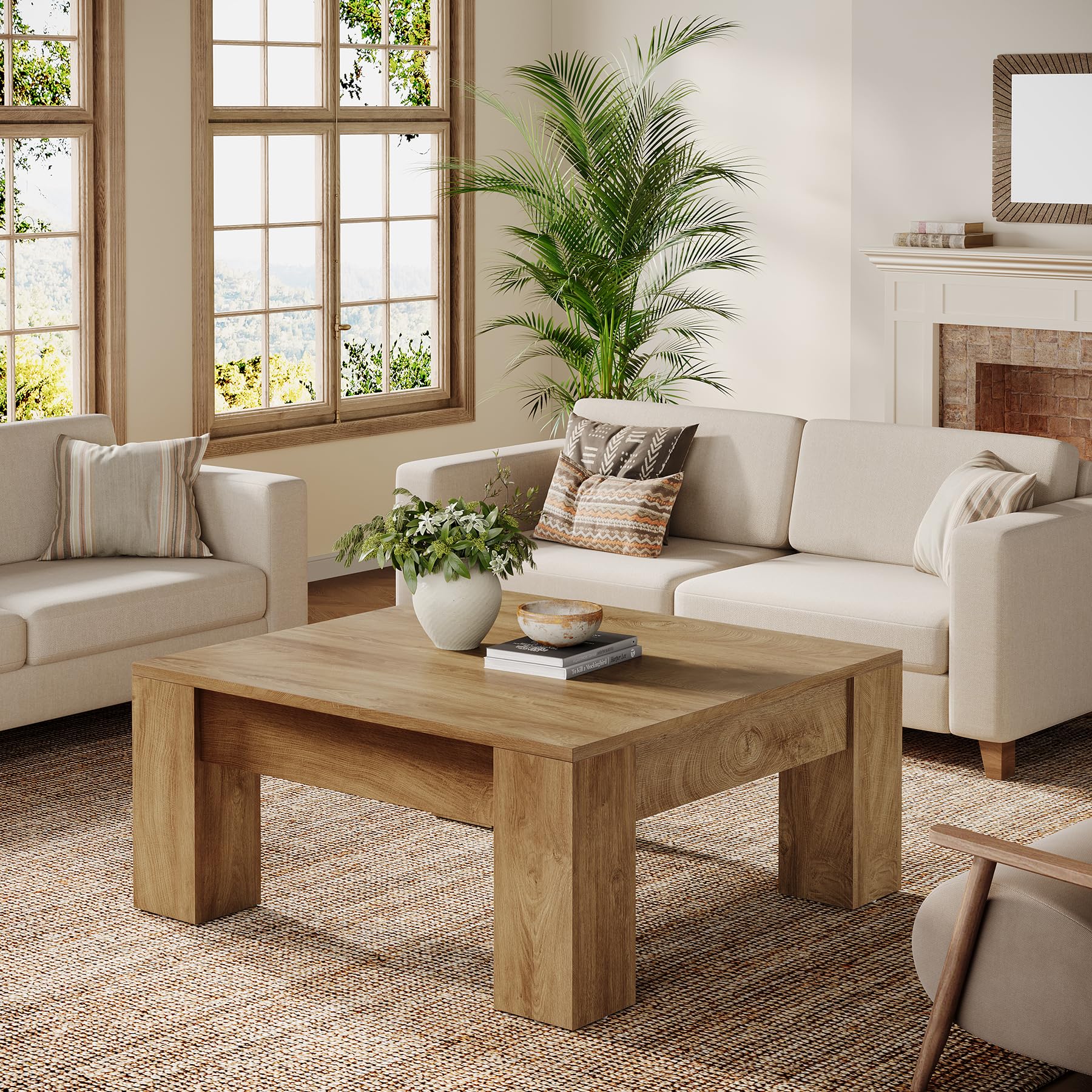 Tribesigns Farmhouse Square Coffee Table, 39-Inch Wooden Coffee Table with Sturdy Legs, Rustic Accent Center Table for Living Room, Easy Assembly, Light Brown