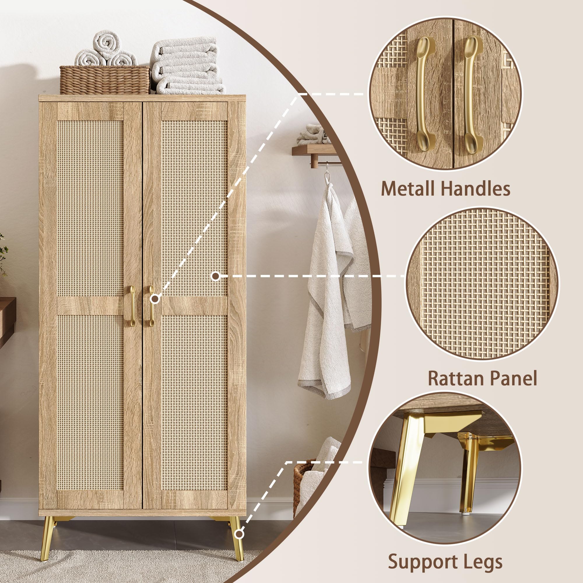 JASIWAY Tall Bathroom Storage Cabinet with Doors and Shelves, 57" Linen Floor Storage Cabinet for Laundry Entryway, Wood Freestanding Pantry with Metal Handle, Adjustable Shelves, Anti-Tipping Device