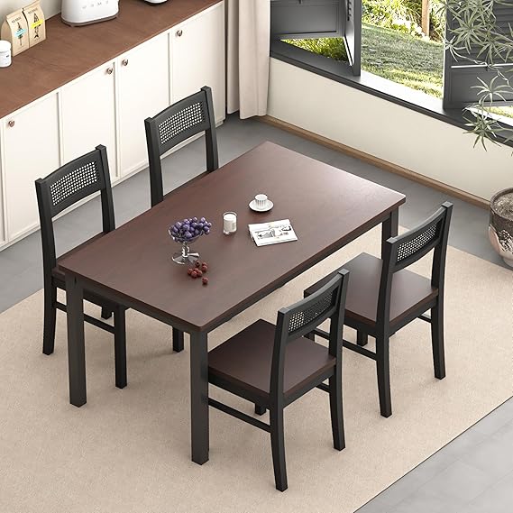 5-Piece Solid Wood Dining Table Set with Rattan Back Chairs