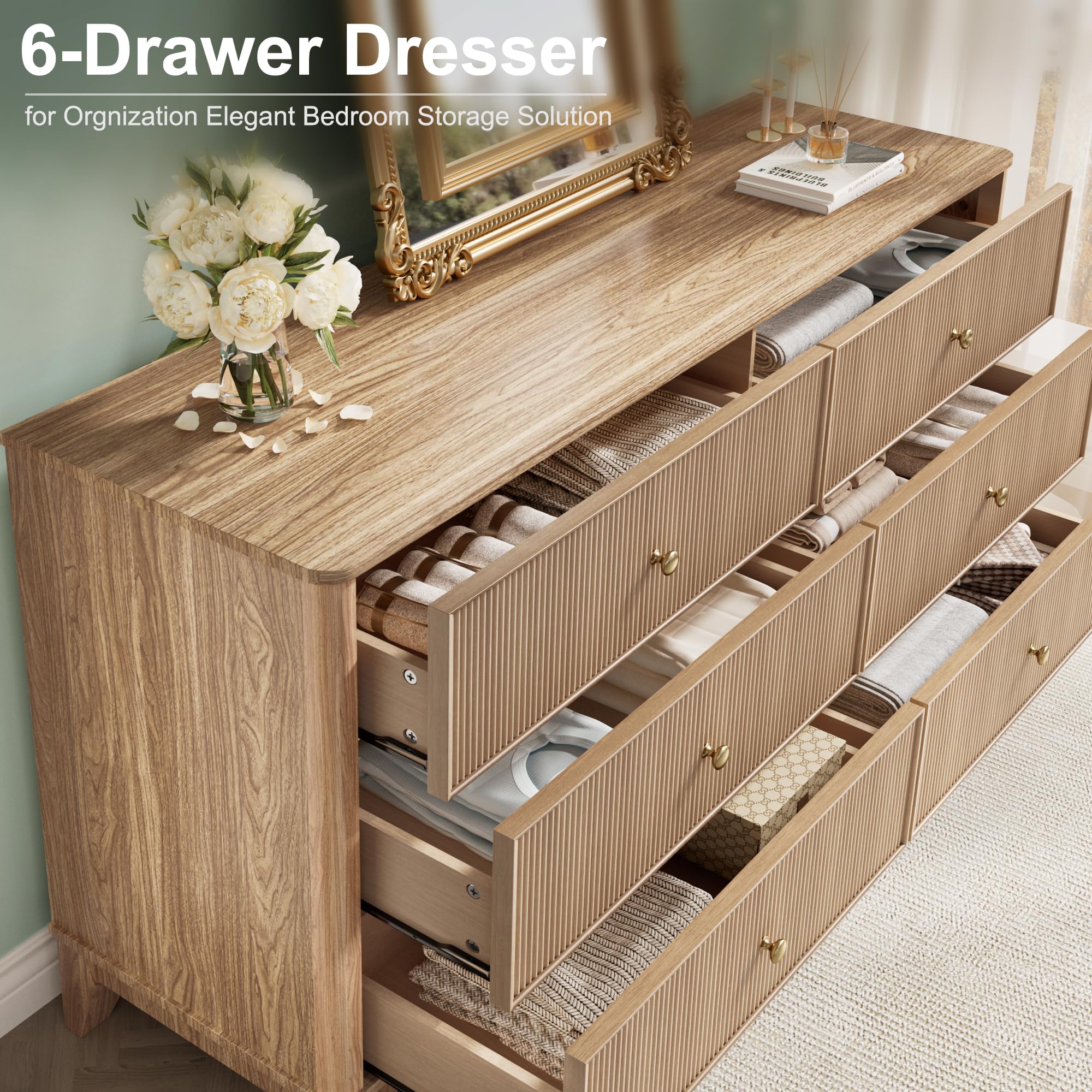 INNOD Fluted 6 Drawers Dresser, 54" Wide Modern Chest of Drawers with Round Corners, Wooden Dresser TV Stand, Wood Drawer Organizer for Bedroom, Living Room, Hallway