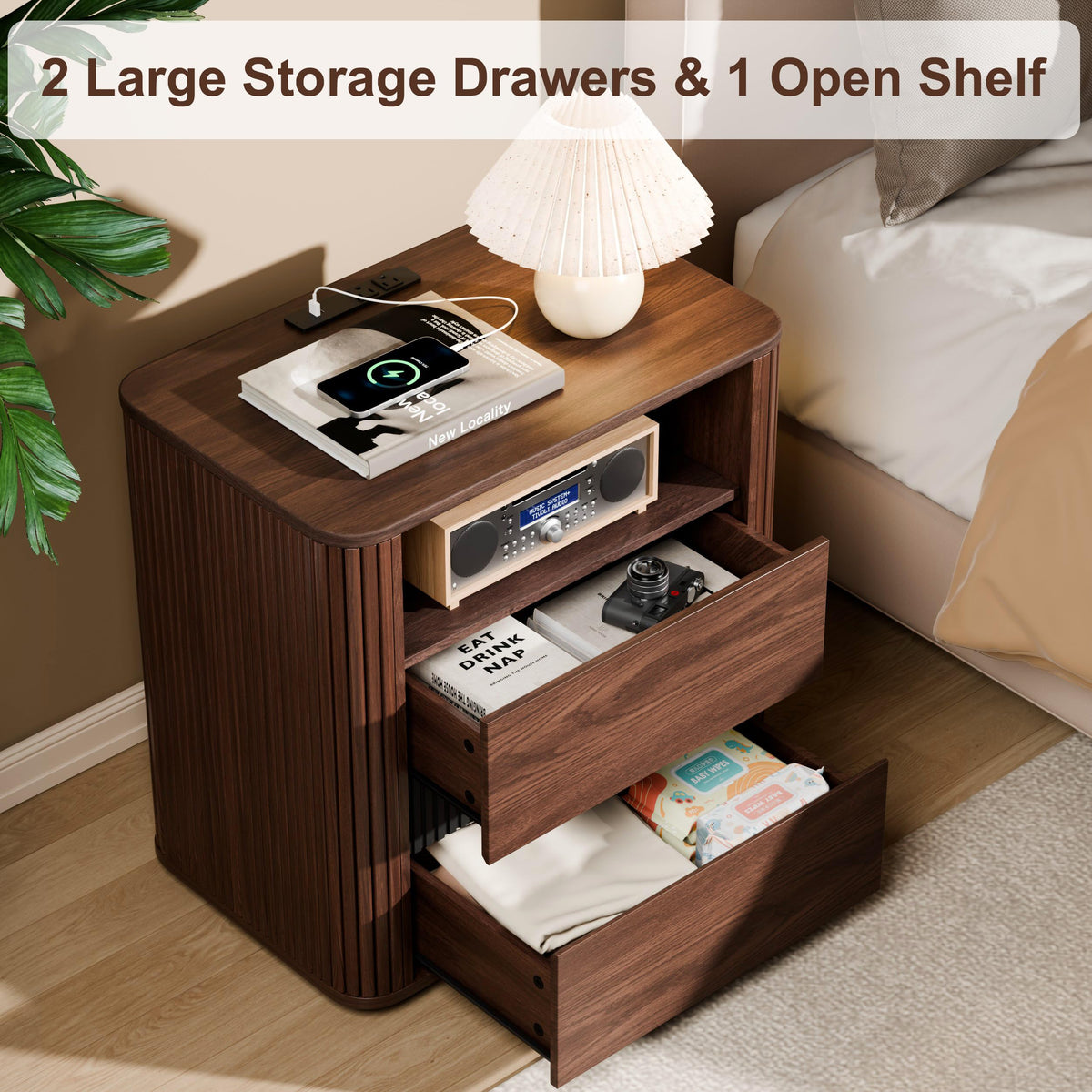 Walnut Nightstands Set of 2 with Charging Station, Modern Fluted Nightstand