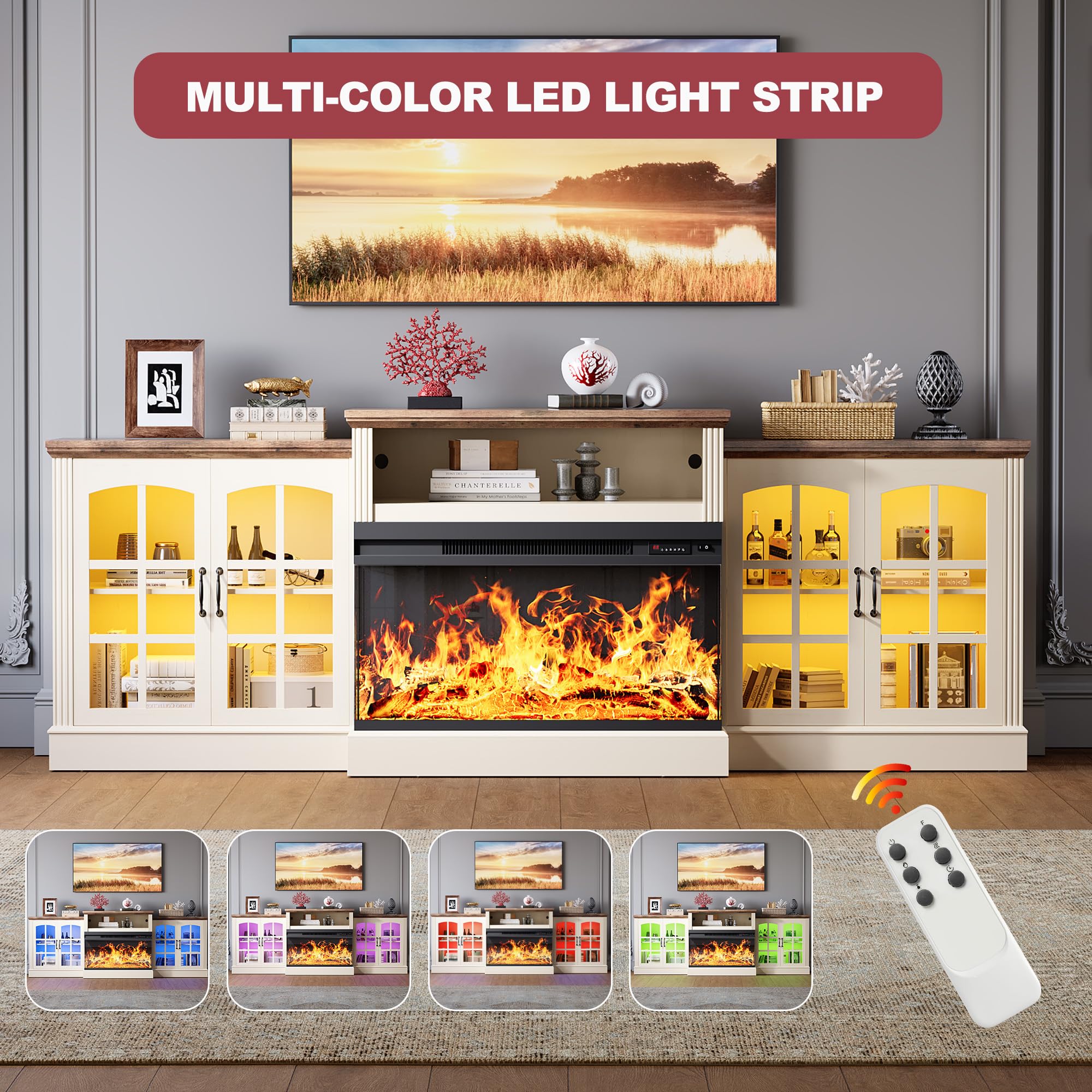 Farmhouse Fireplace TV Stand with 3-Sided Electric Fireplace