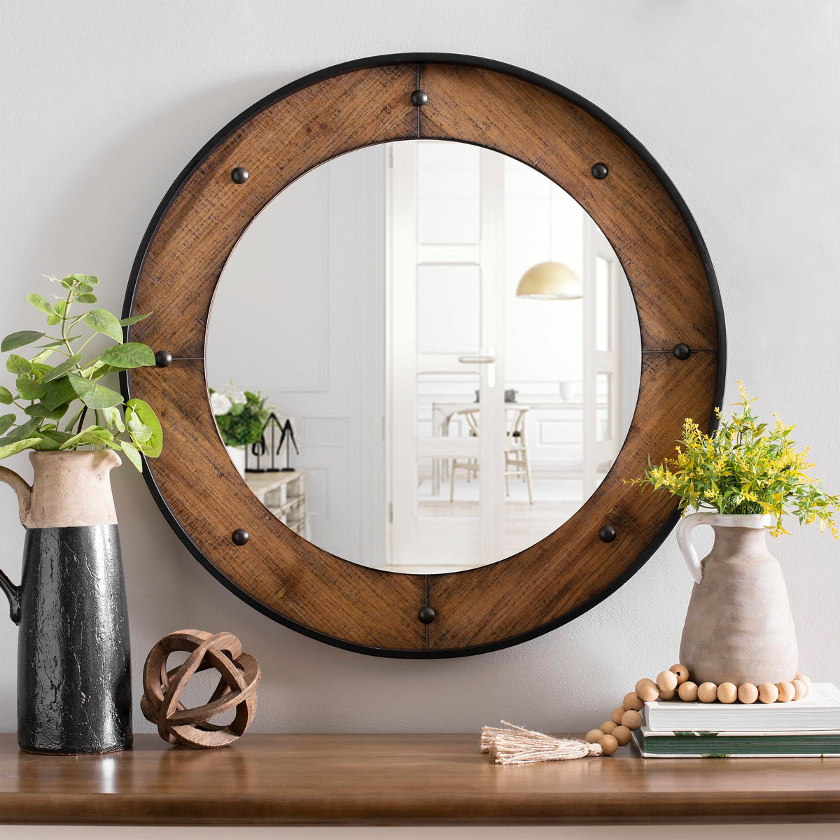 Rustic Round Wood Wall Mirror