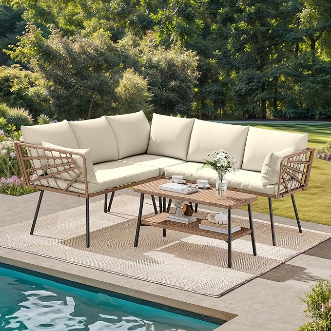 Wicker Rattan Patio Loveseat Set with Cushions & Side Table