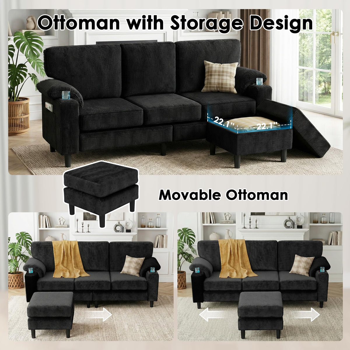 Corduroy Sectional Sofa with Storage Ottoman