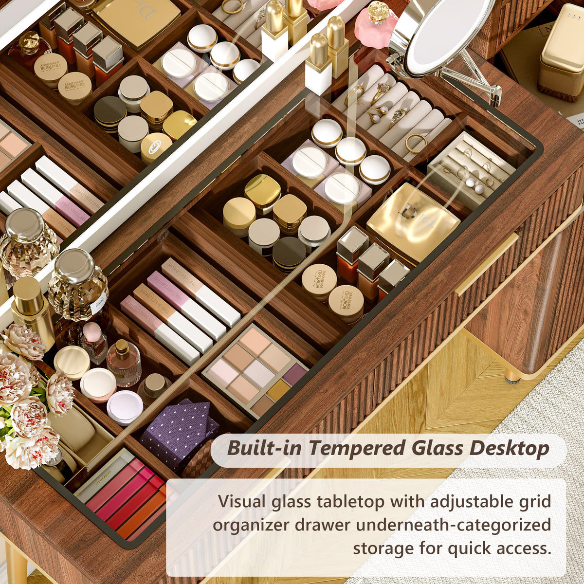 Fluted Glass Top LED Makeup Vanity