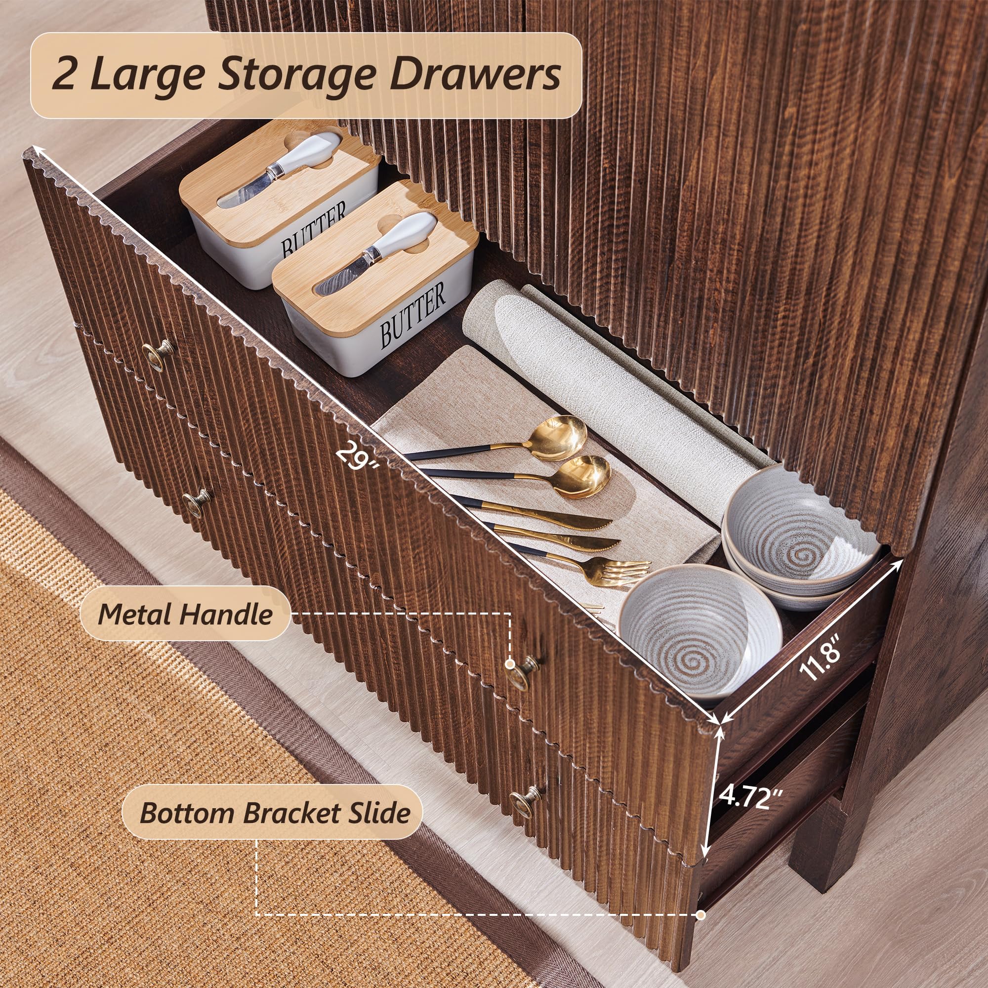 IFGET 71" Tall Arched Pantry Cabinet, Fluted Kitchen Storage Cabinet with Adjustable Shelves and 2 Large Drawers, Freestanding Morden Versatile Cupboard for Living Room, Bathroom, Brown