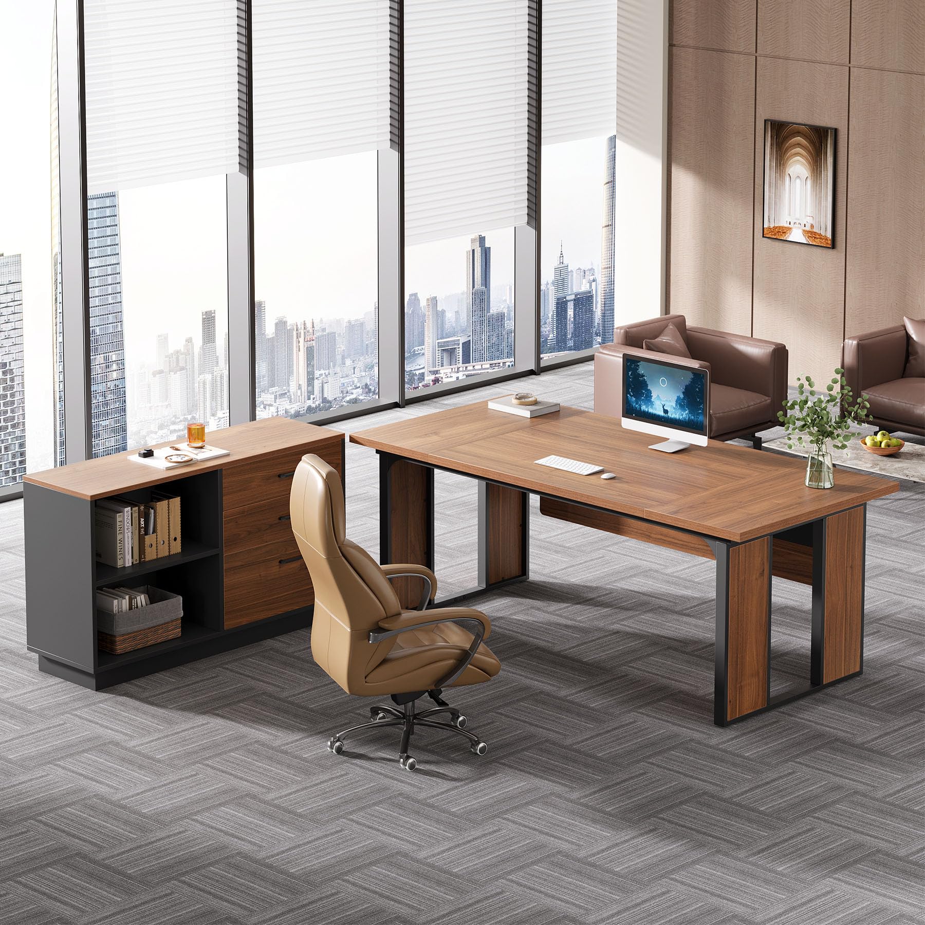 L-Shaped Executive Desk with 3-Drawer Filing Cabinet