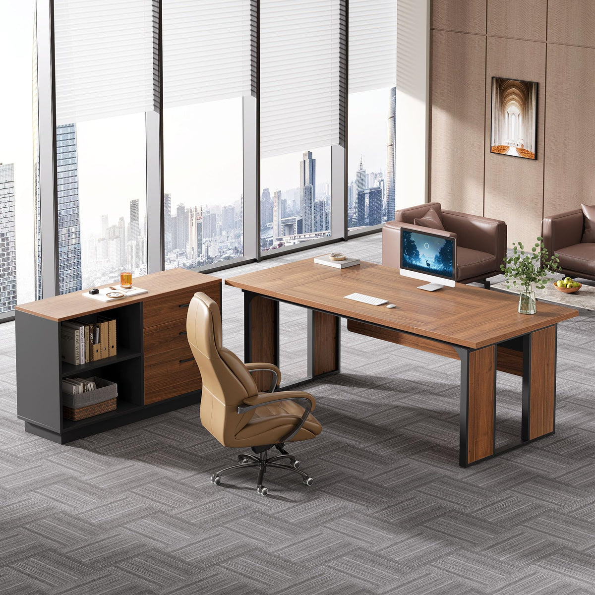 Modular Executive Desk with File Cabinet