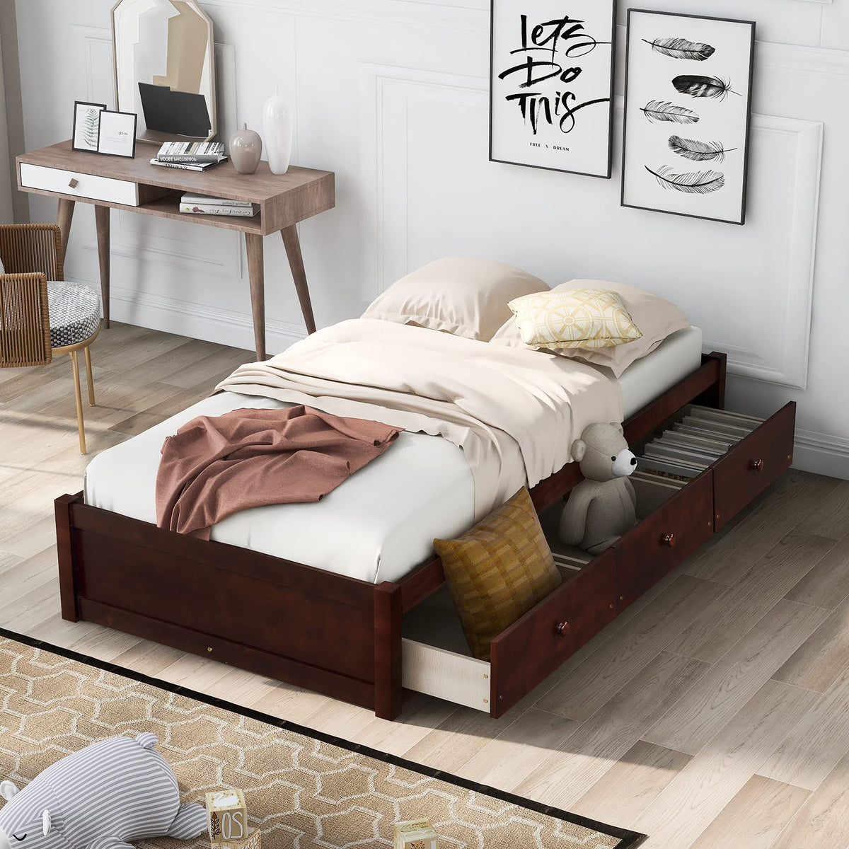 Merax Wood Bed Frame with 3 Drawers Twin Storge Day Bed with Wood Slat Support Space Saving Cherry