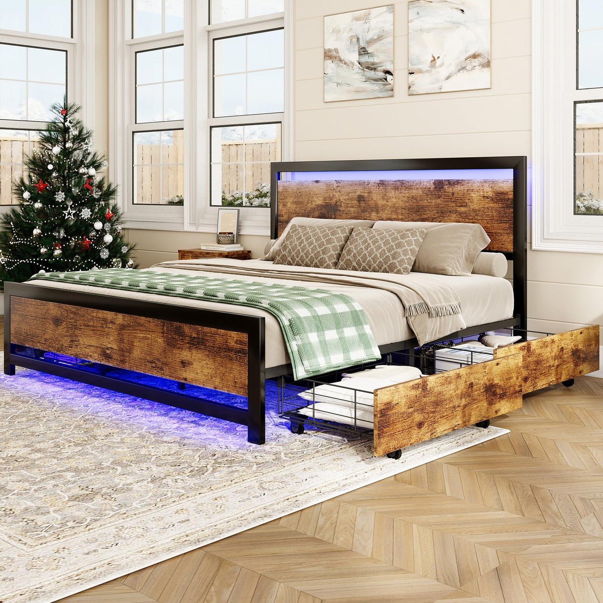 Ailisite Queen Size Bed Frame with Headboard & 4 Storage Drawers, Metal Platform Bed Frame Queen Size with Charging Station,Wood Queen Bed with LED Lights,No Box Spring Needed,Noise Free,Rustic Brown