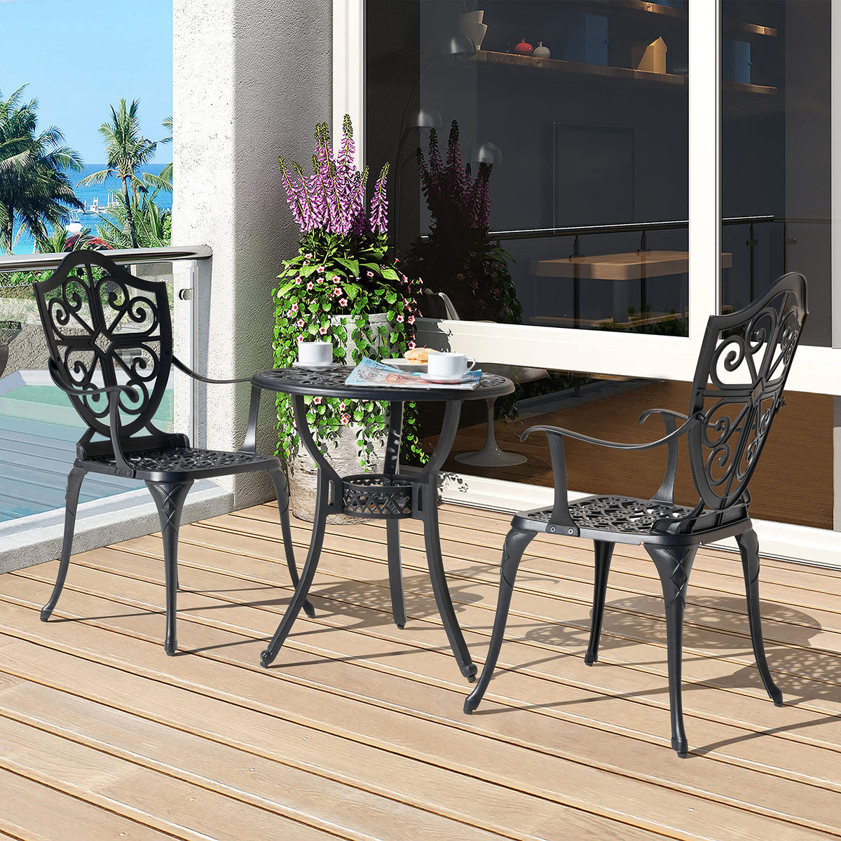 Nuu Garden Bistro Set 3 Piece Outdoor, Cast Aluminum Patio Bistro Sets with Umbrella Hole, Bistro Table and Chairs Set of 2 for Patio Backyard