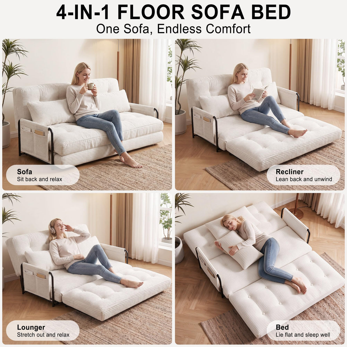 Mr IRONSTONE Folding Sofa Bed Couch with 2 Pillows, 2-Person Convertible Futon Floor Sofa Recliner with Armrests, Foldable Sleeper Couch for Living Room, Bedroom, Dorm, White