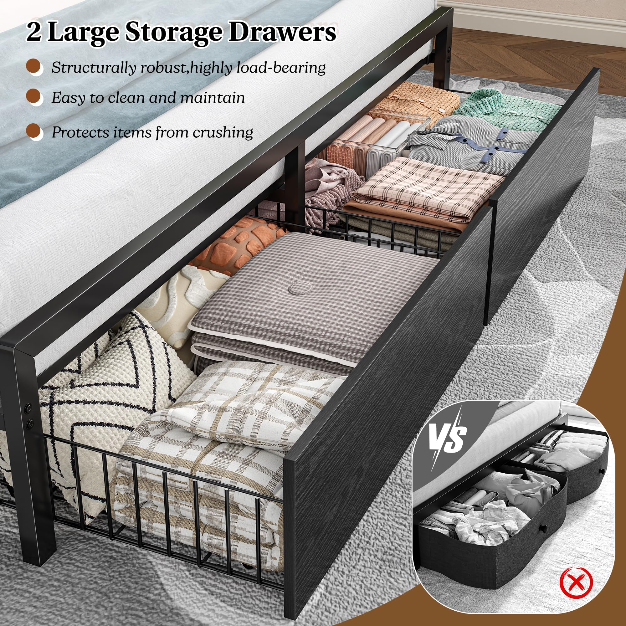 Bed Frame with Storage, LED Lights & Charging Station