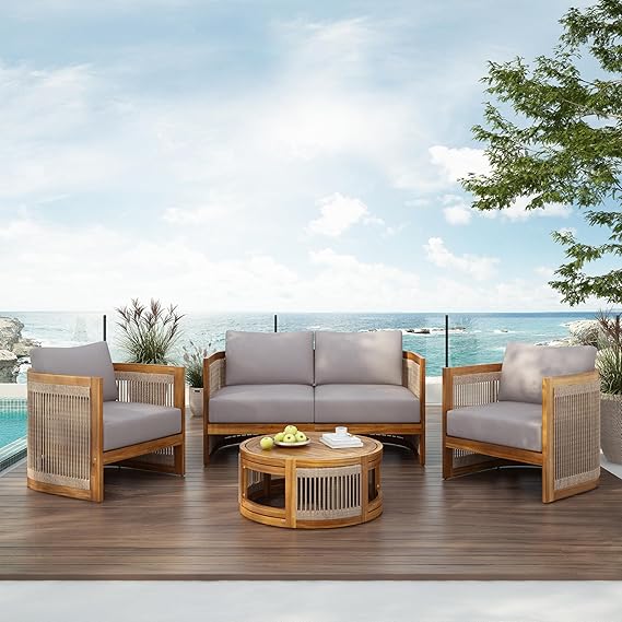 4-Piece Outdoor Conversation Set – Acacia Wood & Woven Rope