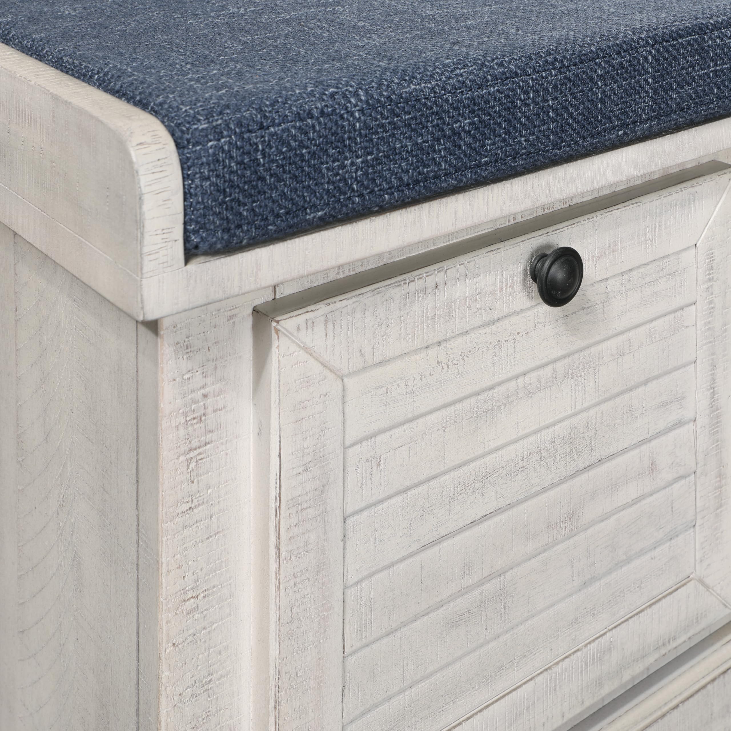 OSP Home Furnishings Dover Coastal Lift-Top Storage Bench with Shutter Face Styling, Distressed White Finish with Navy Fabric Cushion