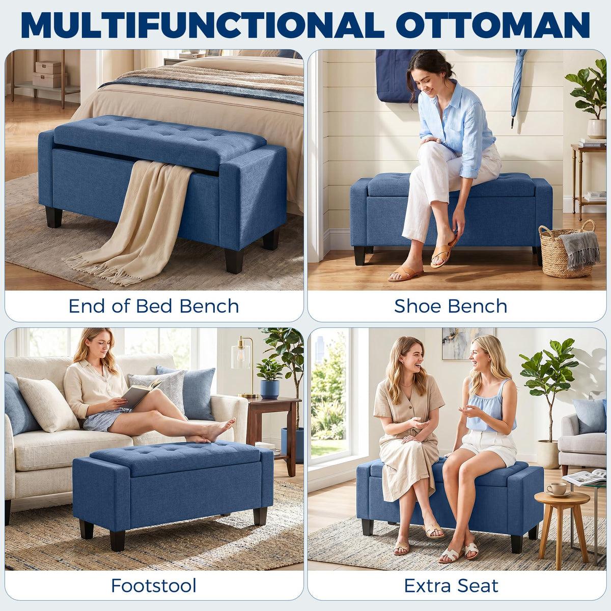 Blue Tufted Storage Ottoman Bench