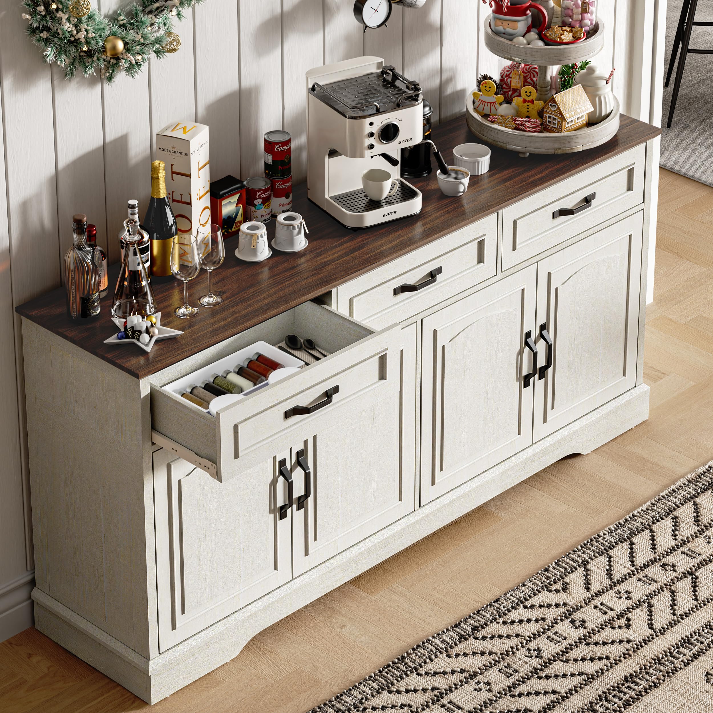 TRONLEE 66" Large Sideboard Buffet Cabinet with Storage, Farmhouse Buffet Table Coffee Bar Wine Bar Kitchen Storage Cabinet with Drawers for Dining Room, Living Room, White & Walnut