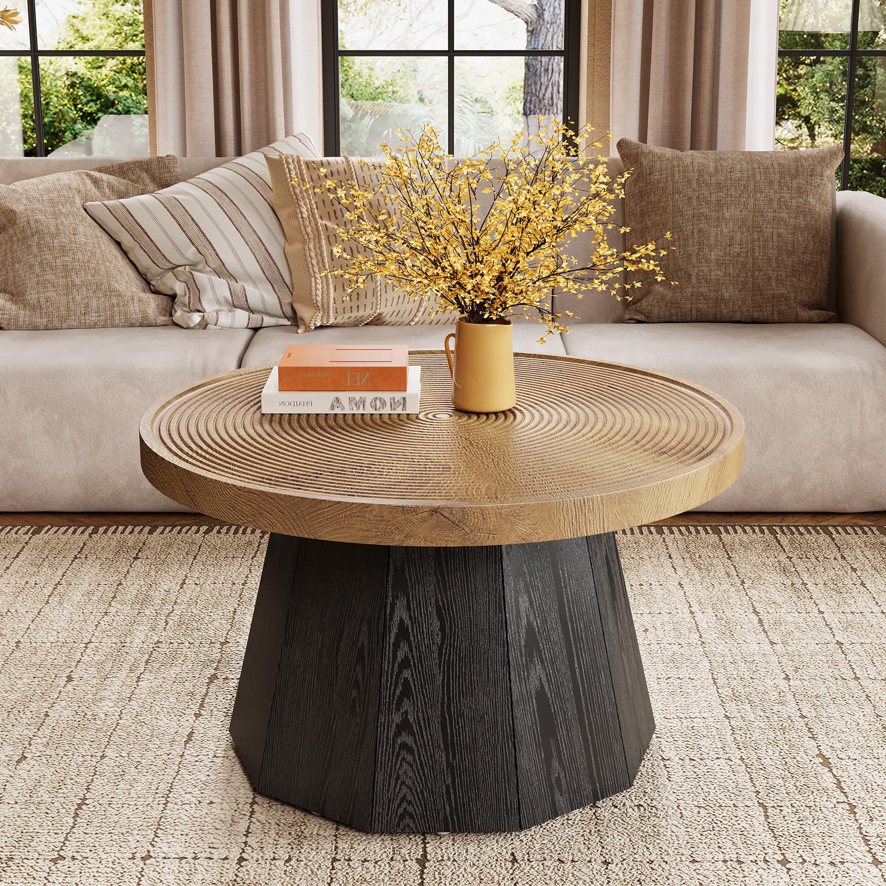LITTLE TREE Round Coffee Table for Living Room, 31.5-Inch Farmhouse Center Table, Modern Circle Wooden Tea Tables for Office, Small Space, Reception, Brown