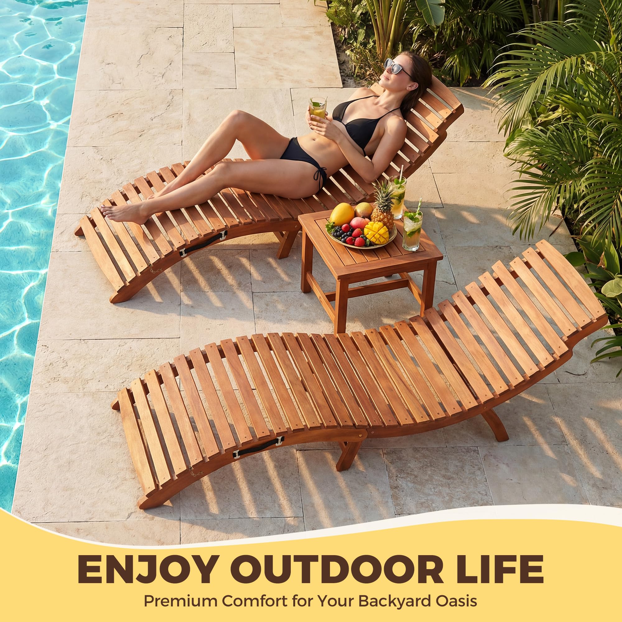 Acacia Wood Folding Chaise Lounge Chair (Set of 2)