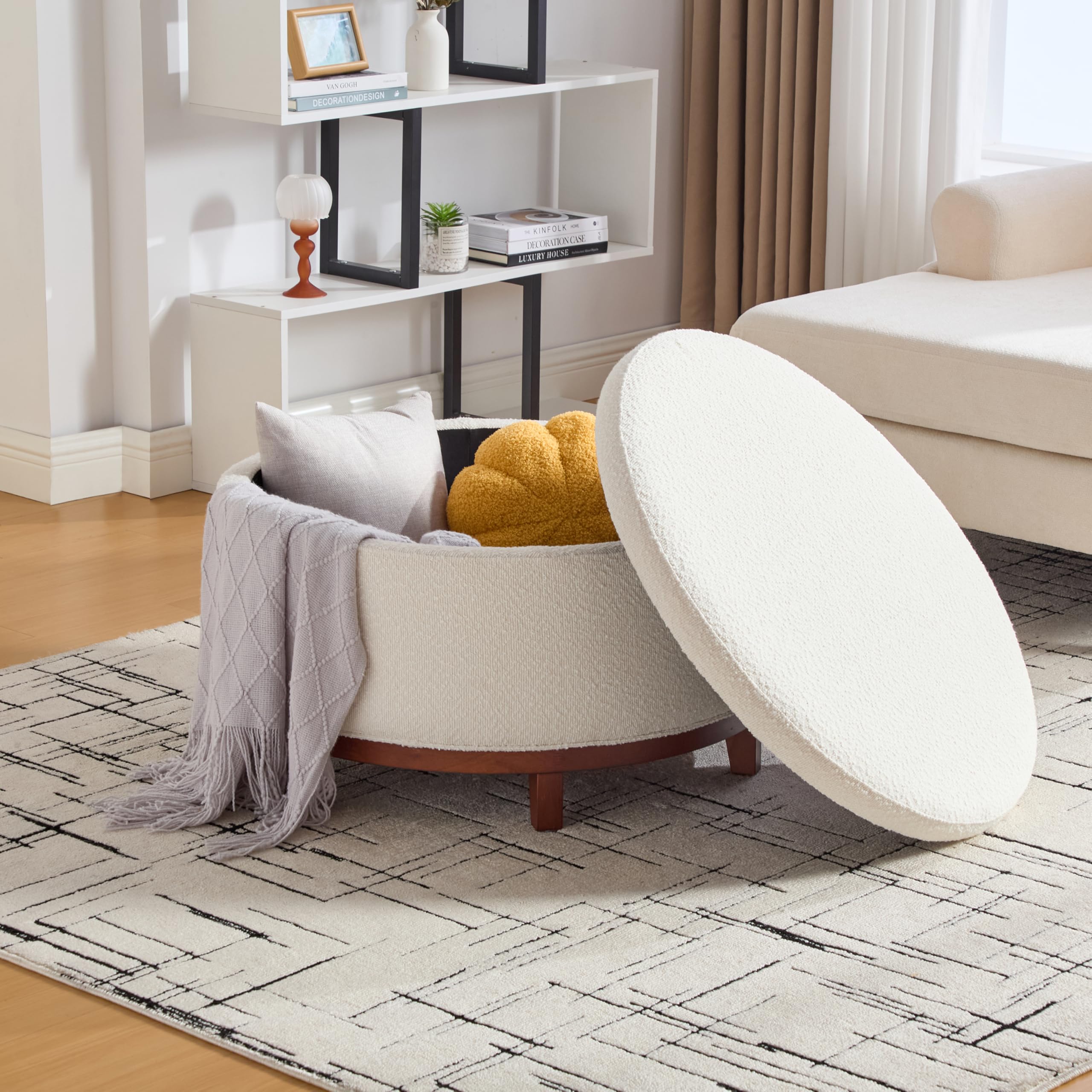 Christopher Knight Home Inla Modern Round Ottoman with Storage for Living Room, Lift-Lid Storage Ottoman Coffee Table, Boucle Upholstered Ottoman Foot Rest, Wooden Toy Box Storage, Light Beige+Brown