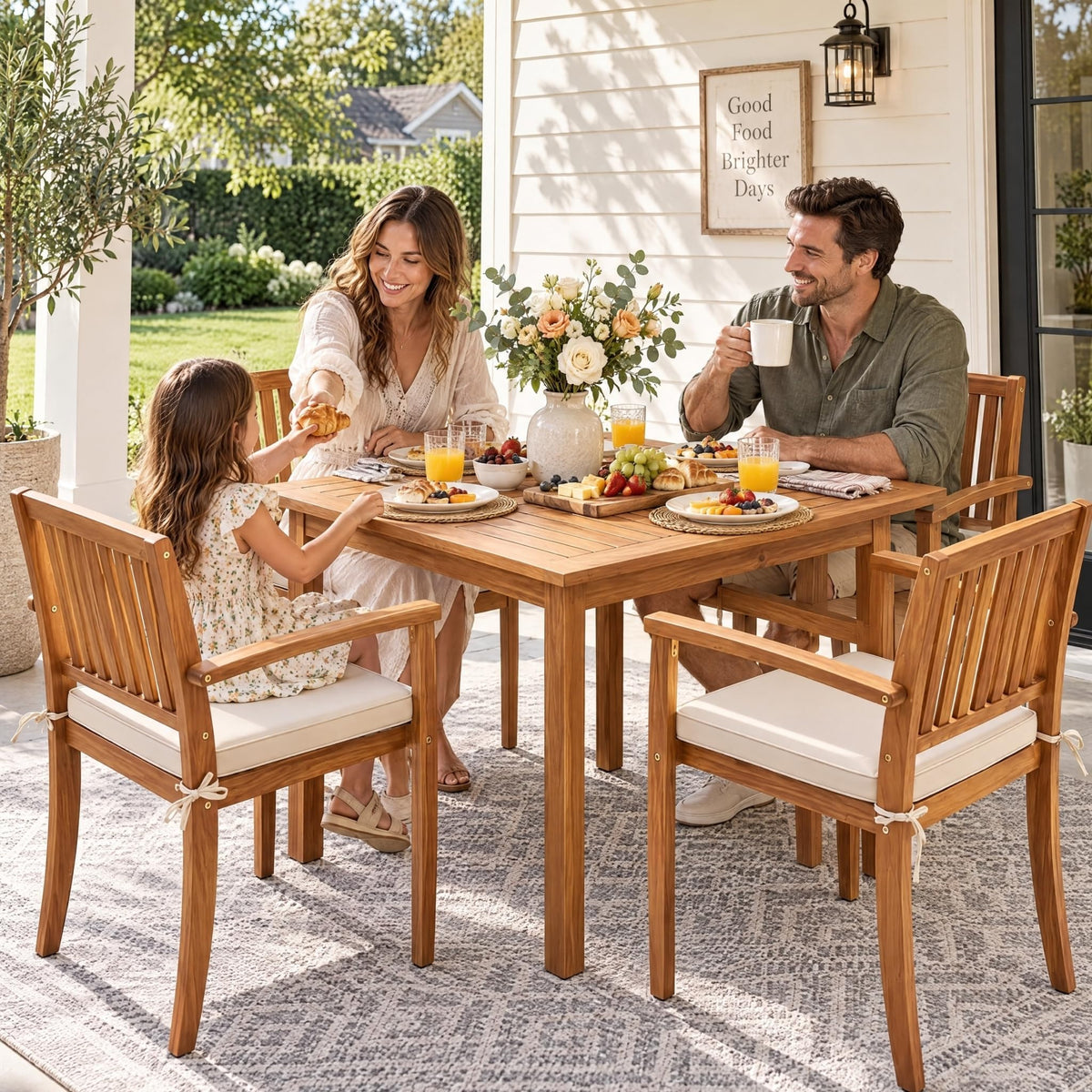 Greesum 5 Pieces Acacia Wood Patio Dining Set, Outdoor Table & Chairs